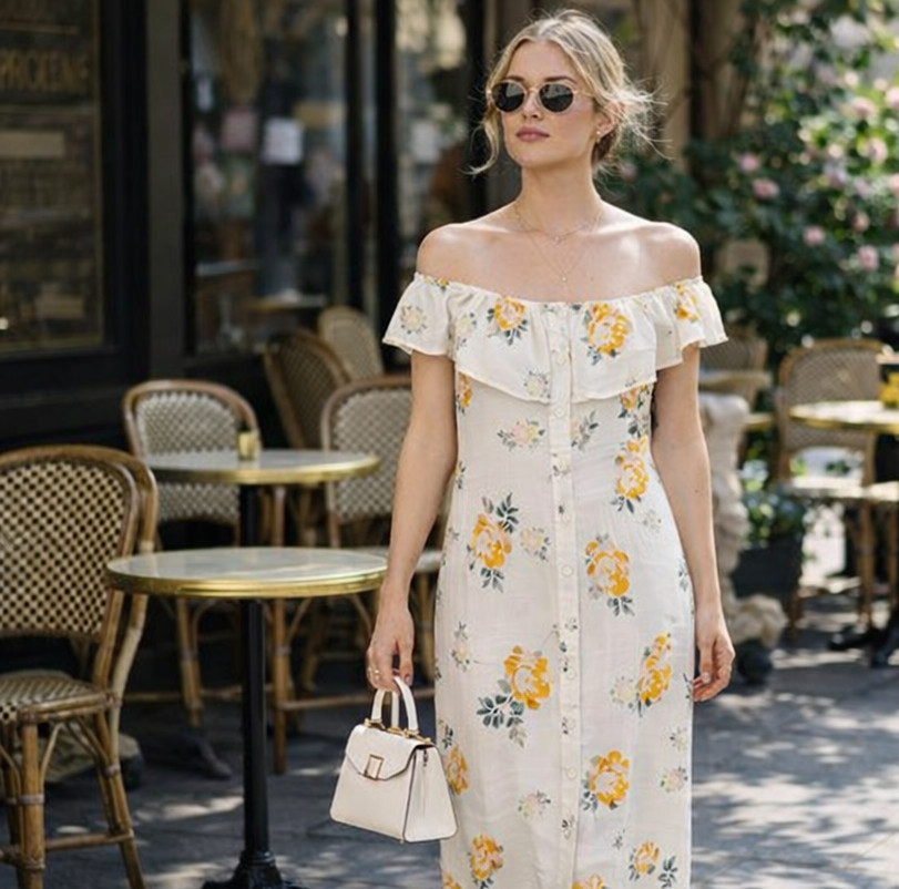 FRNCH Paris Floral Off Shoulder Ruffle Midi Dress Size S Button Front Sundress