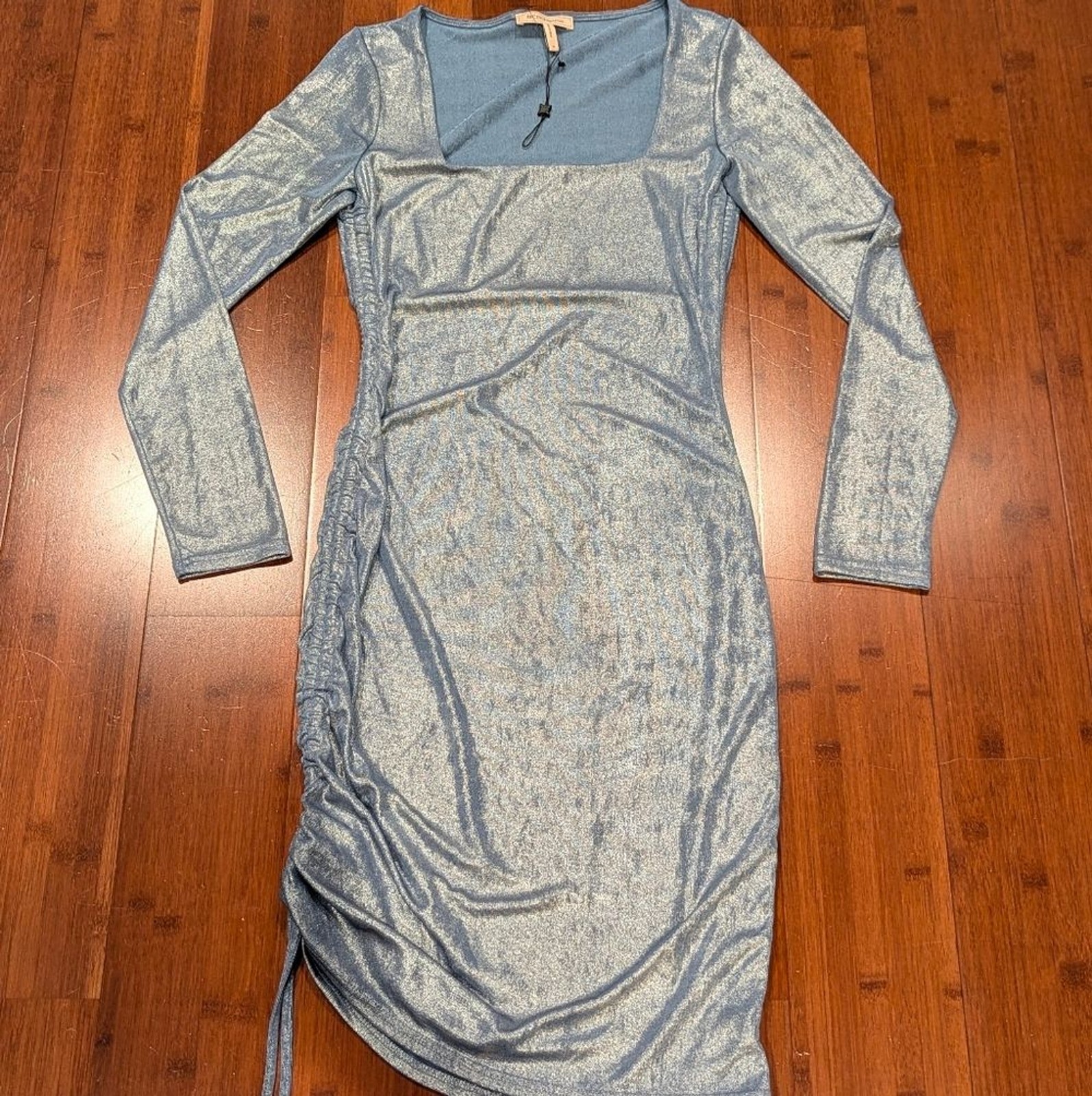 BCBGeneration Shimmering Silver Blue Bodycon Mini Dress With Drawstrings – New