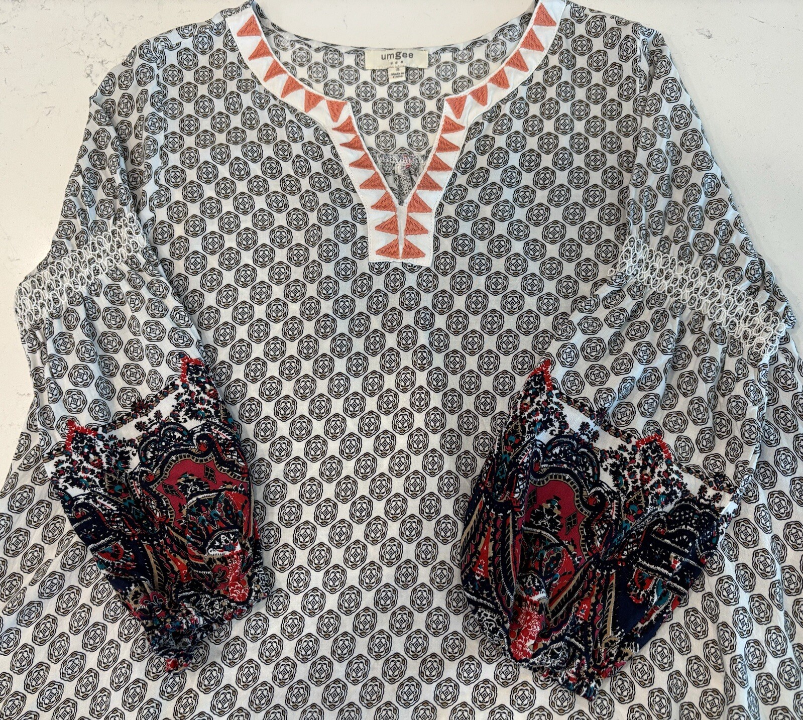 UMGEE Womens Dress Small VNeck 3/4 Sleeve Bohemian Whimsical Peasant Folk Tribal
