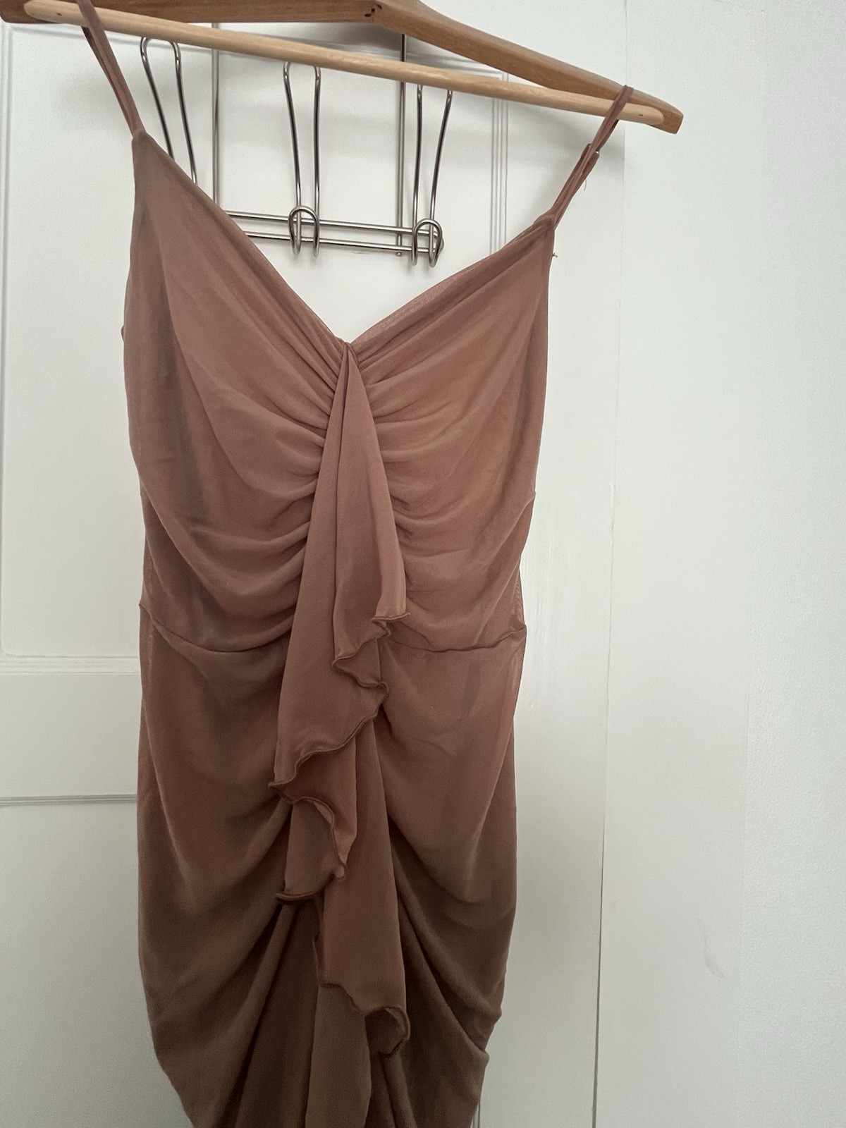 Womens Brown Ruched Ruffle Mesh V-Neck Bodycon Long Dress SheinM Lined StretchG5