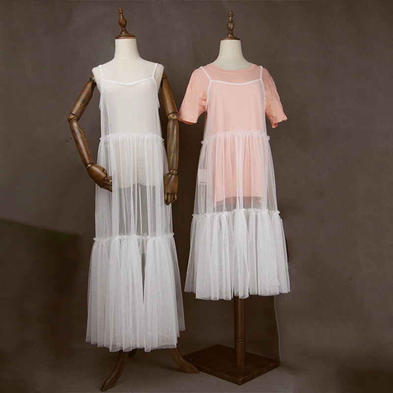 Sheer Mesh Dress Full Slip Petticoat Strappy Fit chic Pleated Underskirt Women