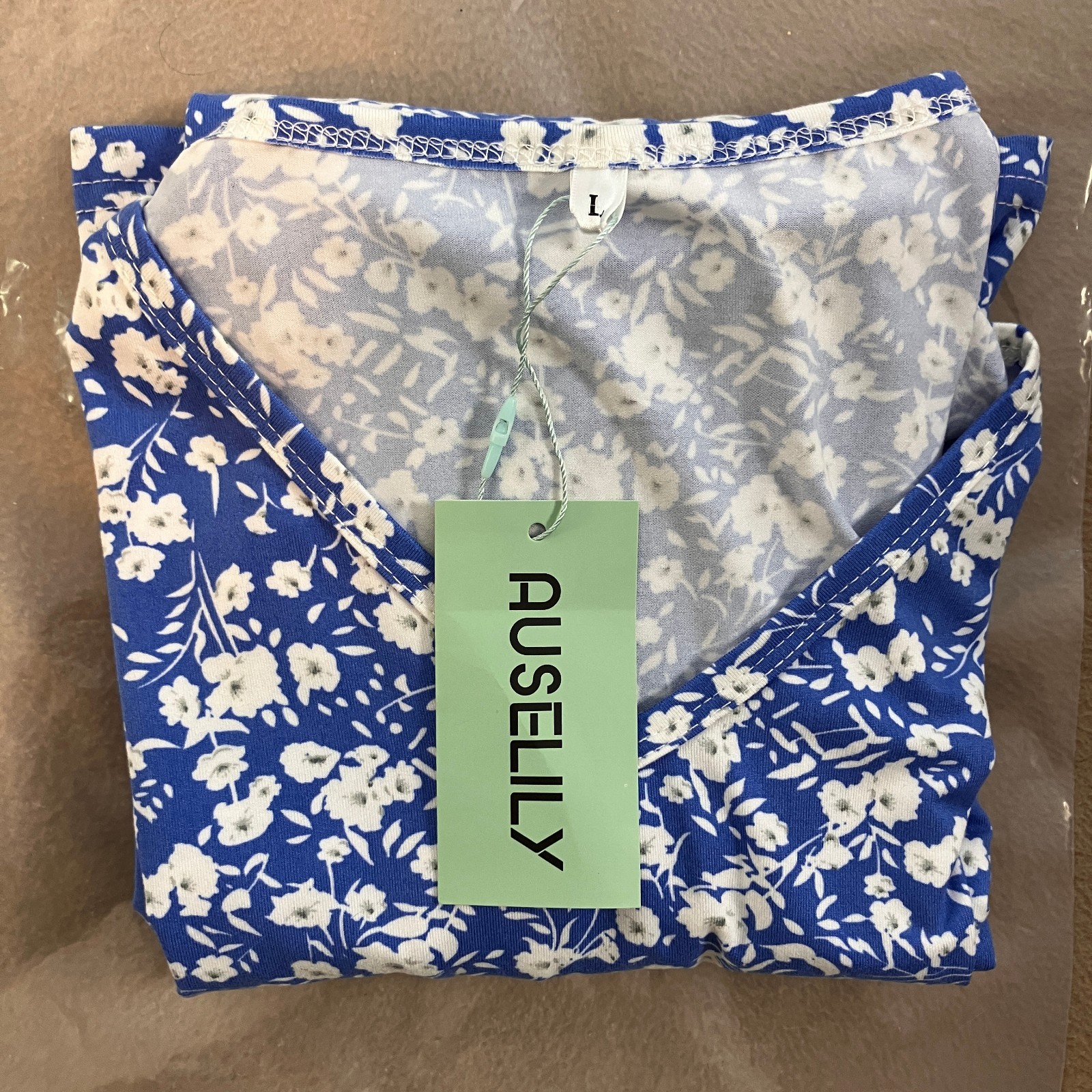 Auselily Sleeveless V-Neck Swing Tank Dress Women’s Size L Blue Ditsy Floral NWT