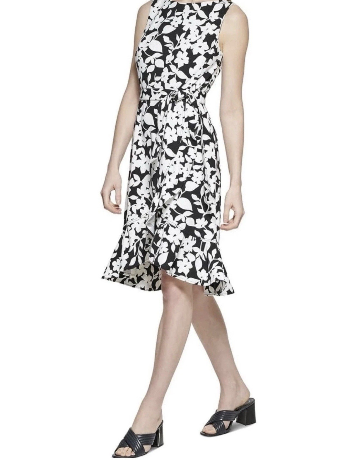 Calvin Klein Womens Black Floral Ruffle Sleeveless Dress Size 10 $119