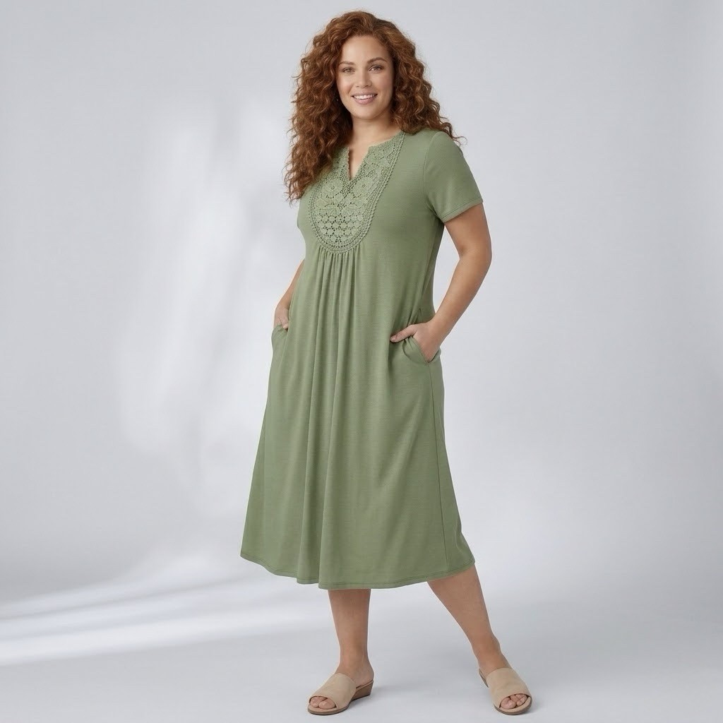 Woman Within Embroidered Lace Comfy Midi Dress 26/28 2X Sage Green Casual Lounge