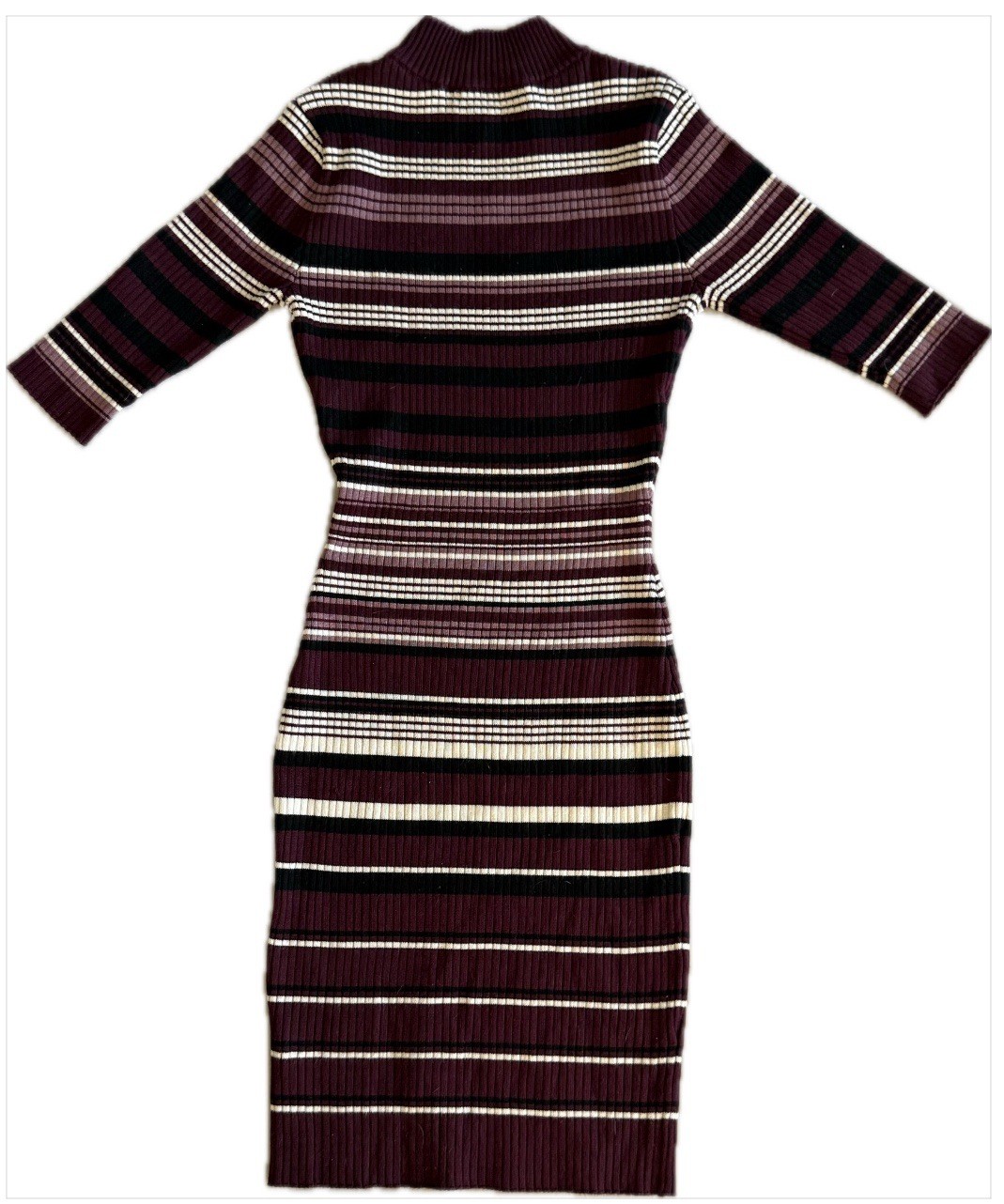 Women’s Ribbed Sweater Dress Mock Neck Striped Bodycon Midi Burgundy Stretch