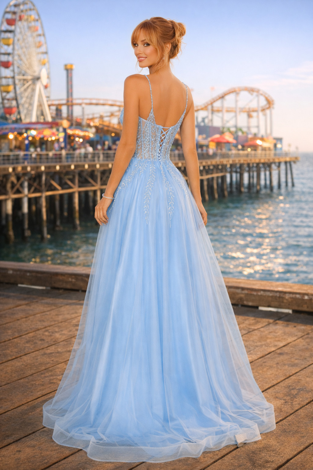 Long Blue Beaded Lace Corset Sheer V Neck Side Slit Prom Dress Size 00