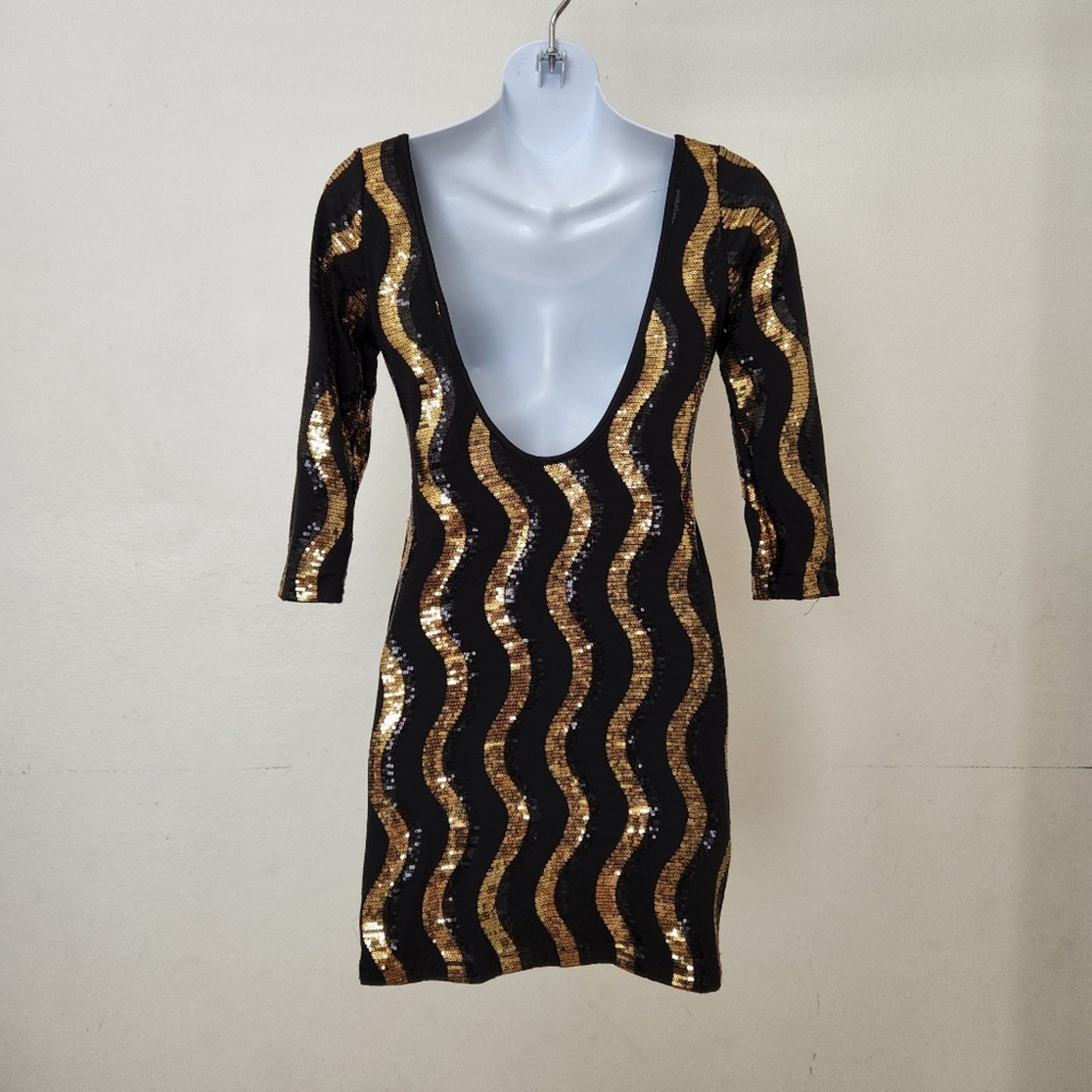 Foreign Exchange Black & Gold Sequin Bodycon Mini Dress – Size M – Retro Disco