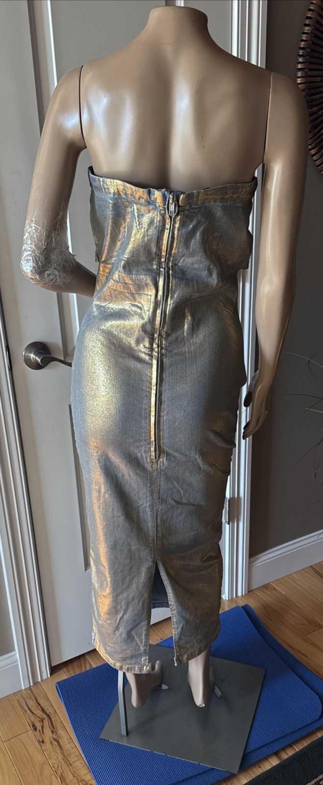 AKIRA Label Im Gold Denim Coated Midi Dress Back Zip Women’s Size L Multi