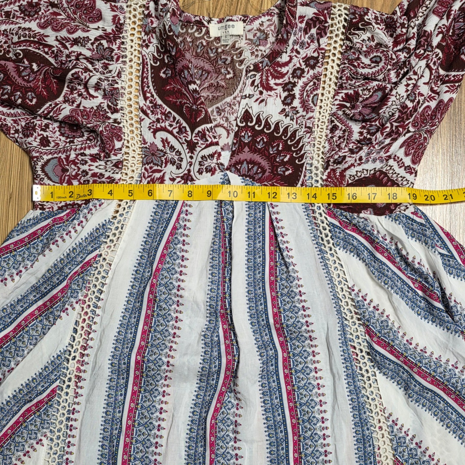Umgee Paisley Stripe Boho Tunic Dress Women’s Size Small V Neck 3/4 Sleeve