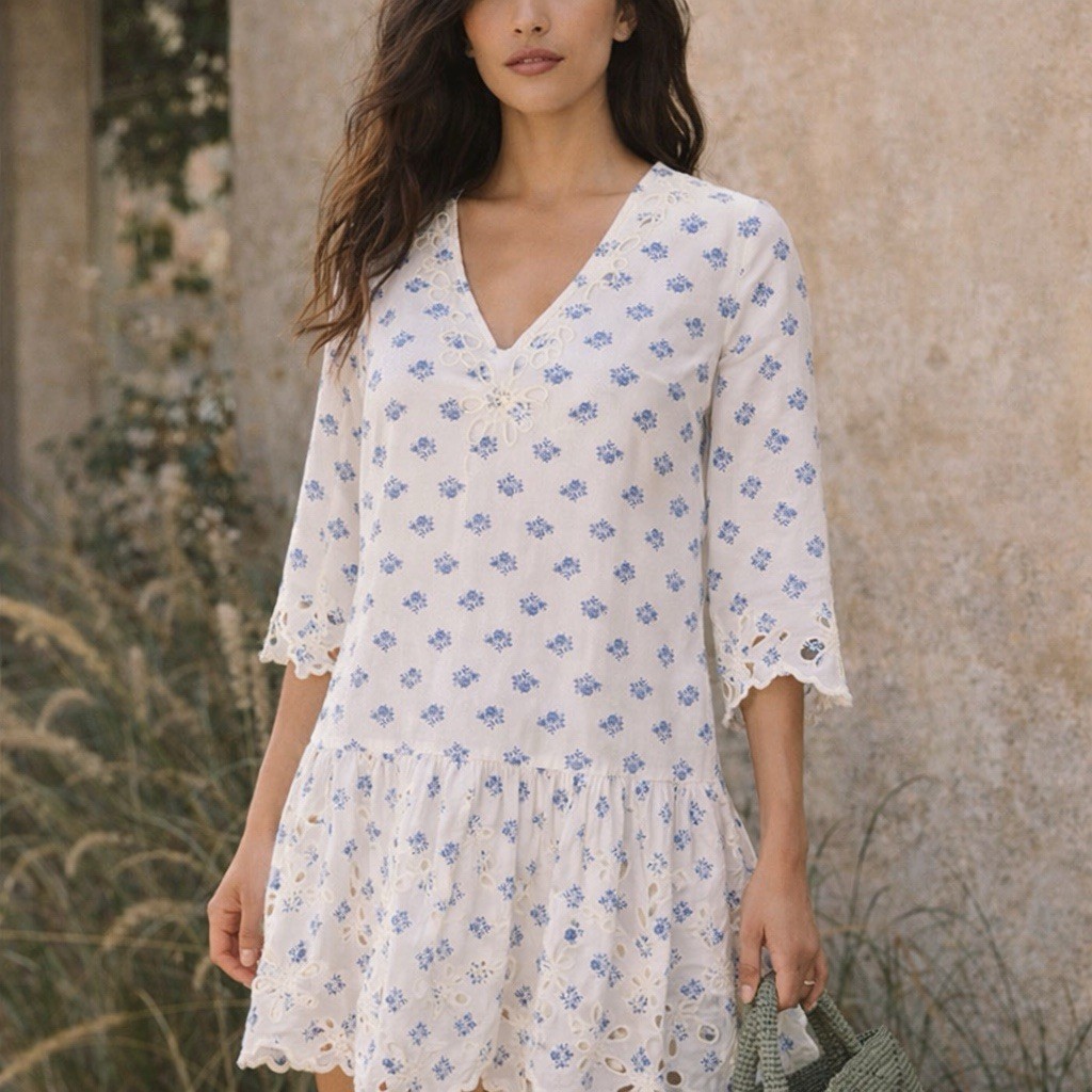 Meadow Rue White & Blue Floral Eyelet Mini Dress