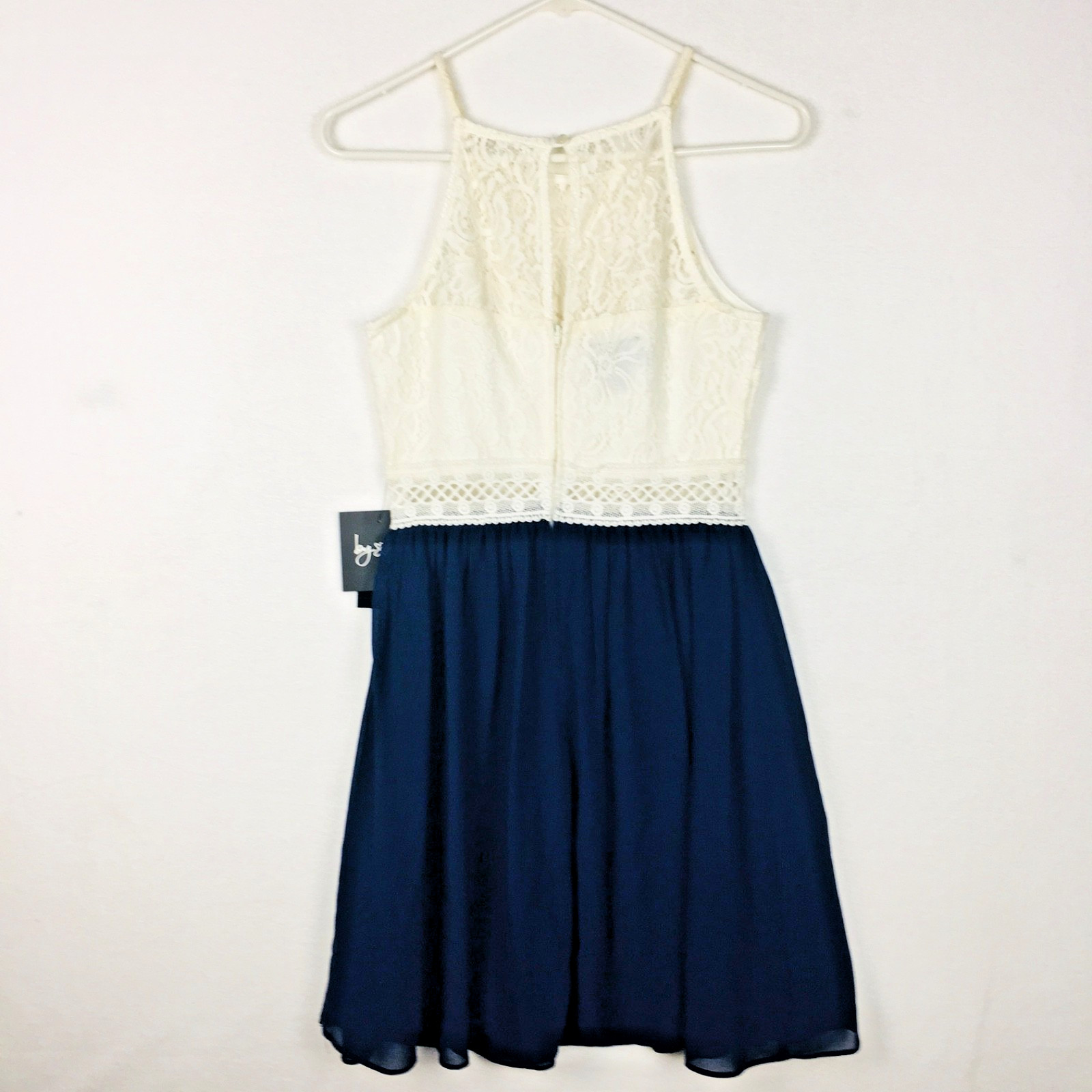 By & By Sleeveless Dress Juniors 7 Lined Navy Blue and Ivory Lace NEW
