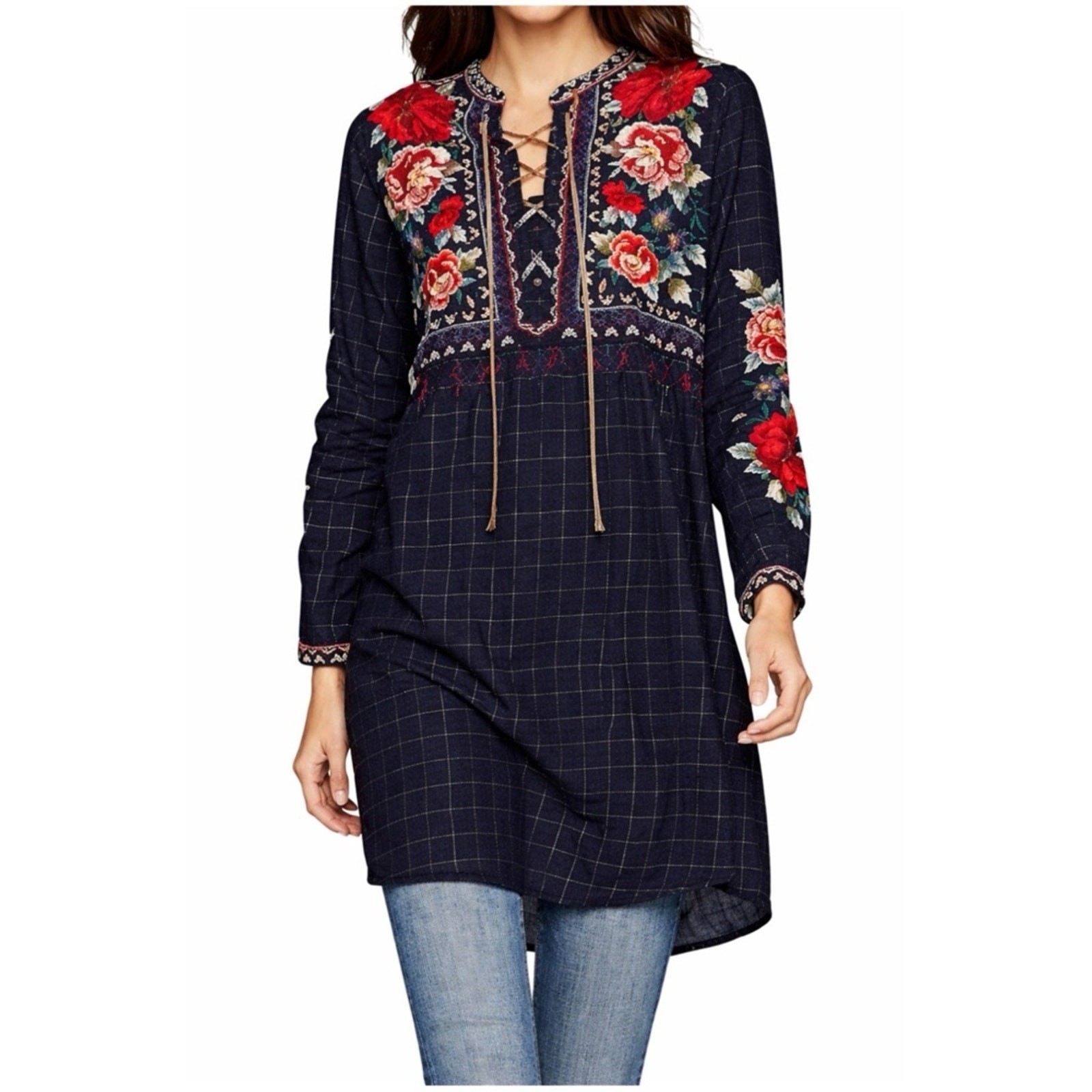 Johnny Was Women’s Sz M Blue Floral Embroidered Plaid Dress Mica Long Sleeeve