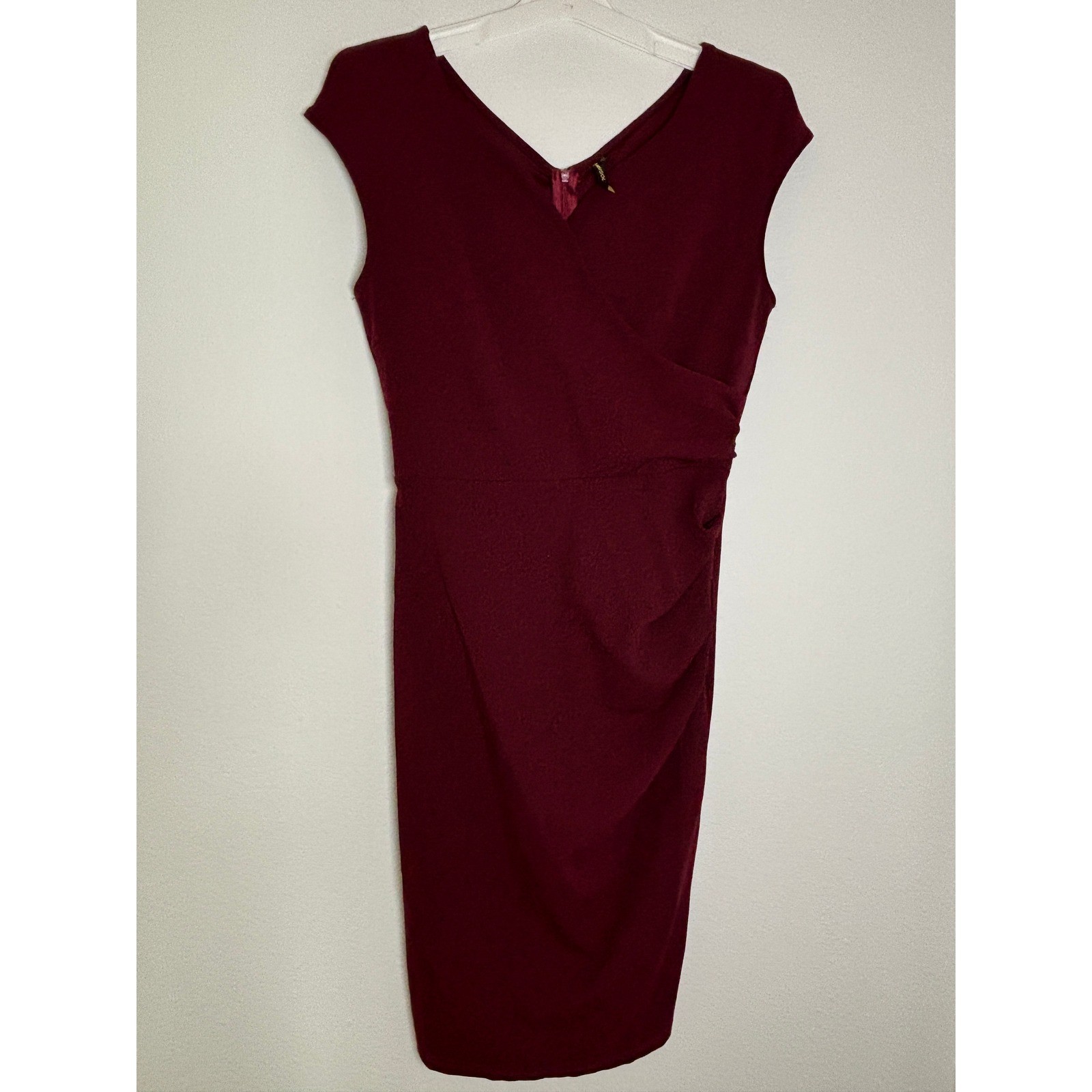Miusol Burgundy V Neck Ruched Faux Wrap Sheath Dress Cap Sleeve Wine Red Medium