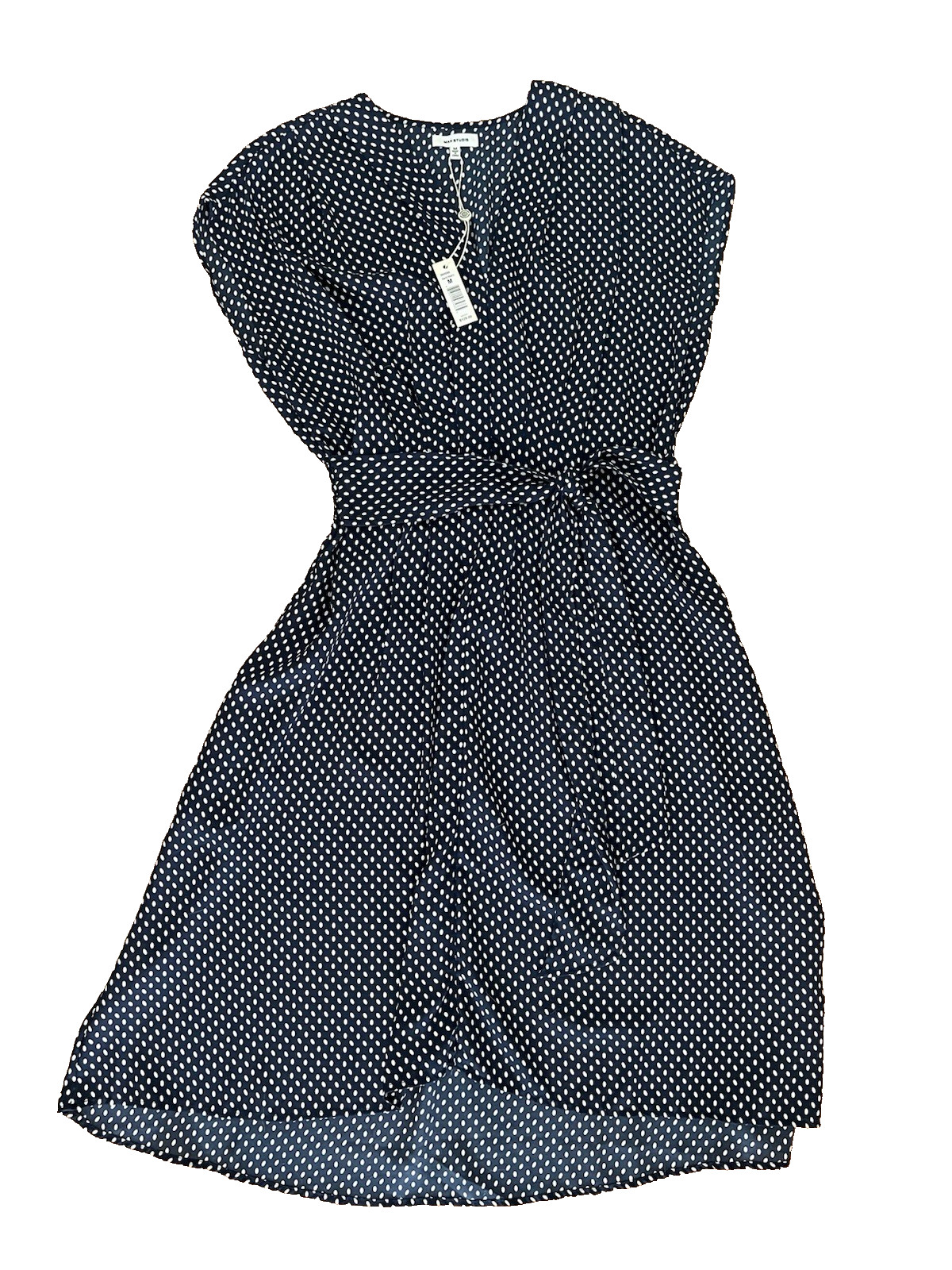 NWT Max Studio Dress Womens M Navy Blue Polka Dot Sleeveless V-Neck Hi-Low Midi