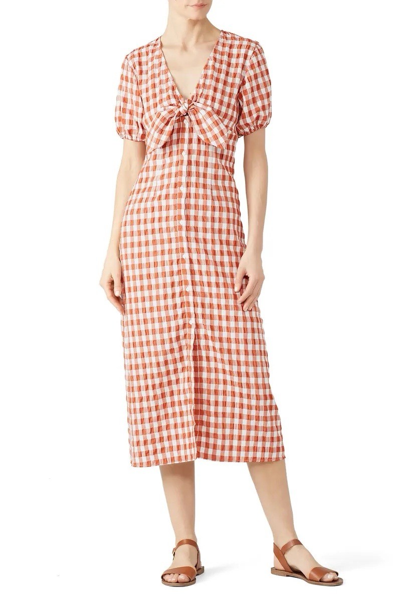 The Fifth Label Gingham Midi Dress Rust White Button Front Spring Summer Size 8