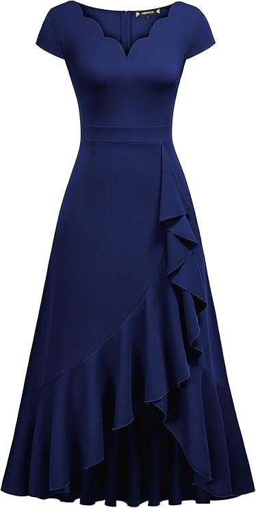 NWT Miusol Vintage Scalloped Neck Detail Ruffle Front Split Small Navy Blue