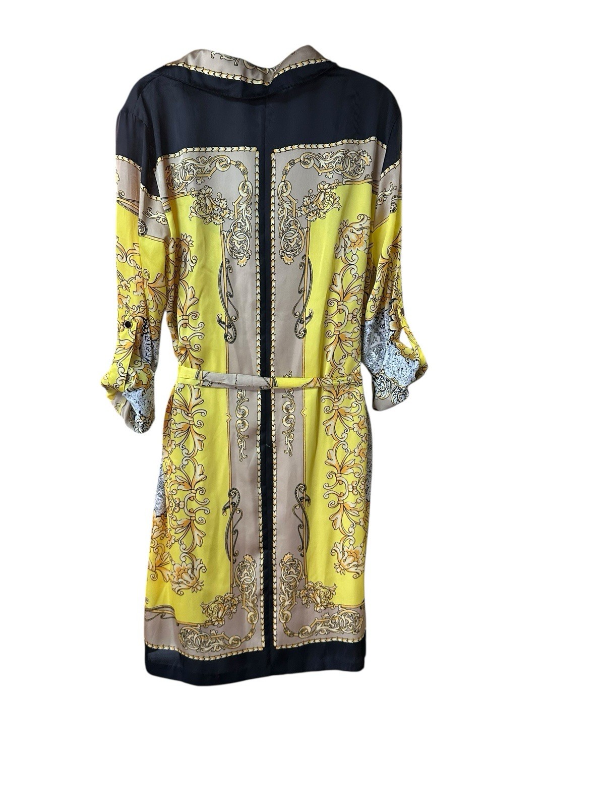 Cache Baroque Scarf Print Button Front Shirt Dress Tunic Yellow Black Belted 14