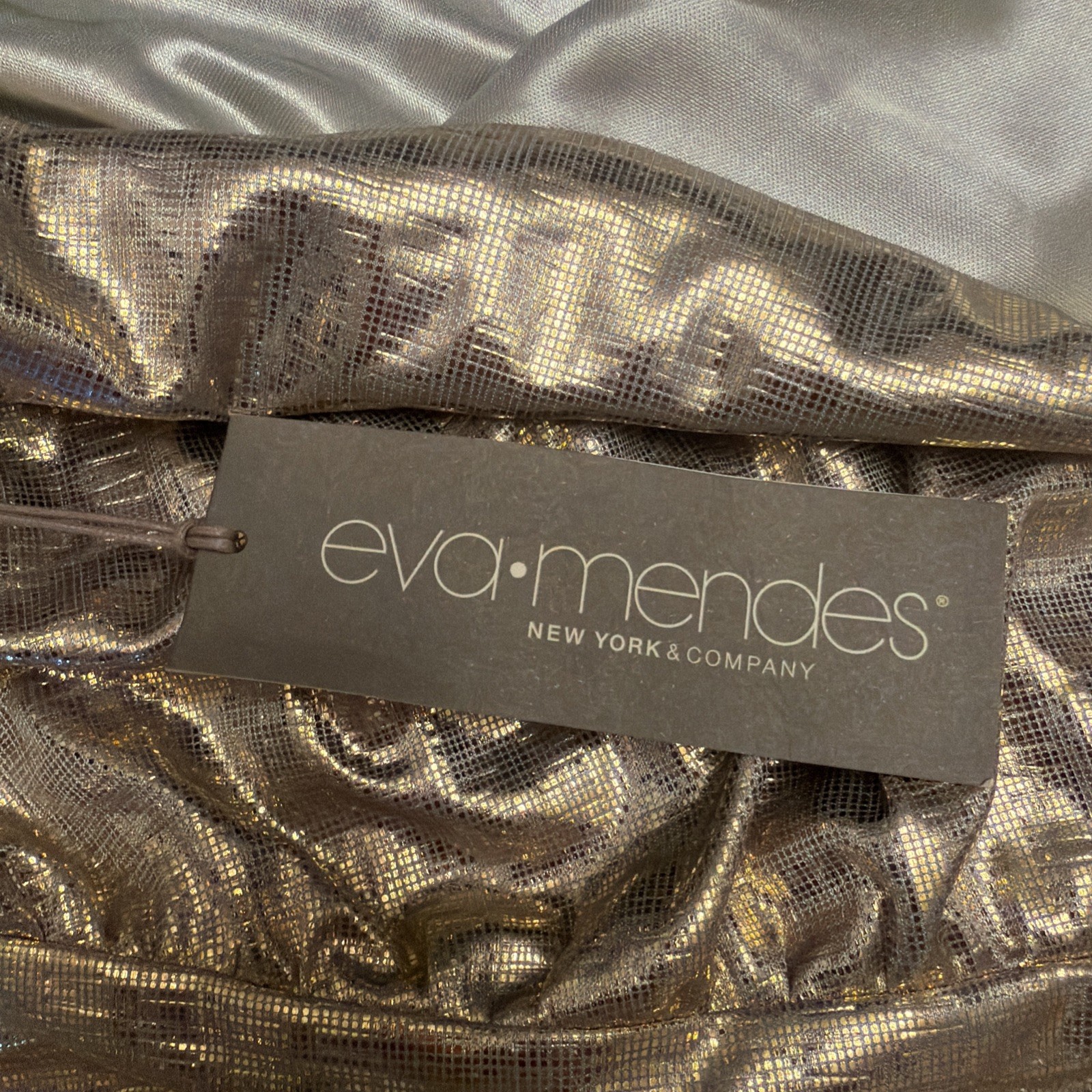 NWT Eva Mendes Gold Metallic One Shoulder Ruched Dress L Elegant Cocktail Party