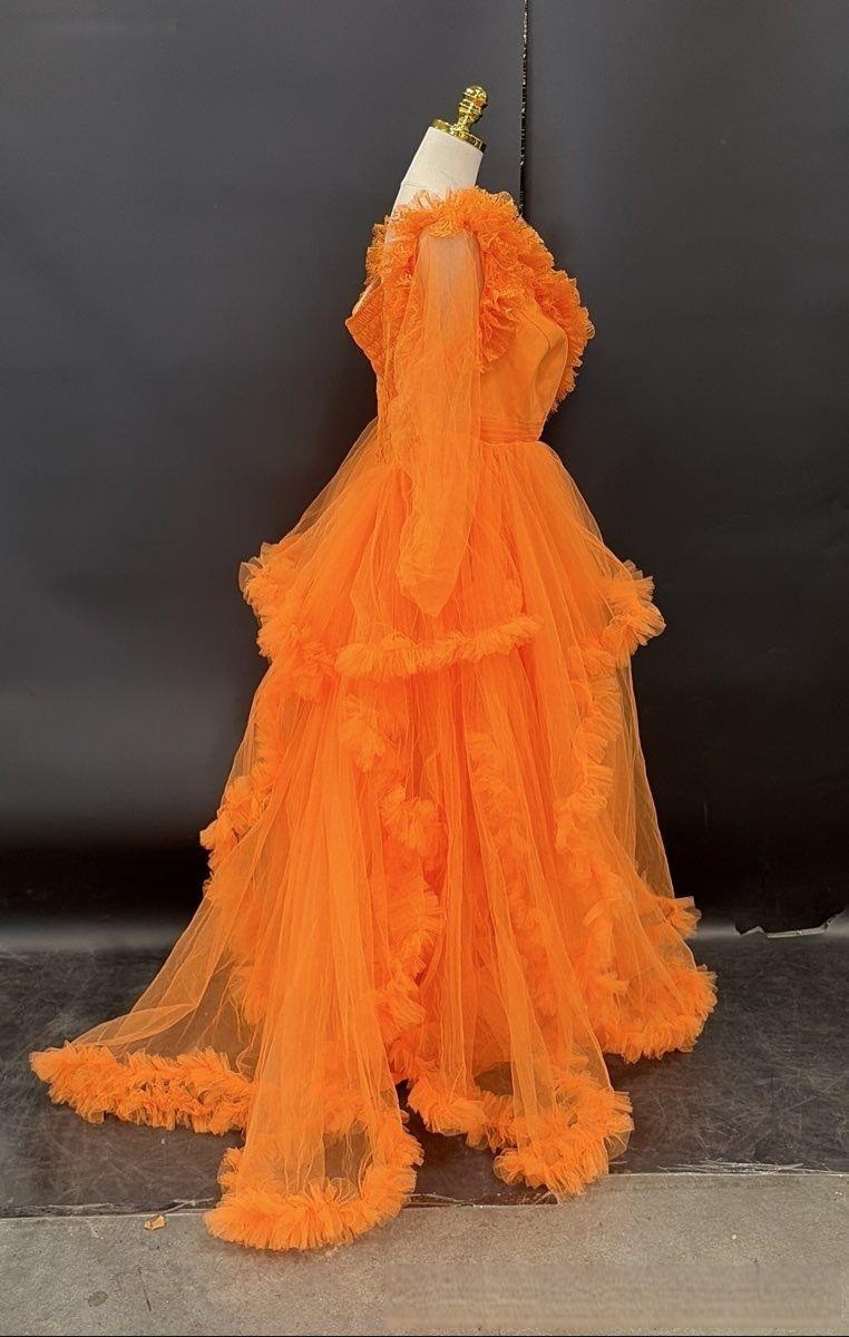 Oyemwen Orange Tulle Ruffle Tiered Gown Sheer Long Sleeve Smocked Maxi Dress NWT