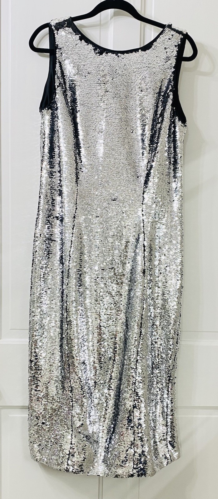 EVA MENDES Reverse Silver & Black Full Sequin Midi Sheath Dress Party Size L