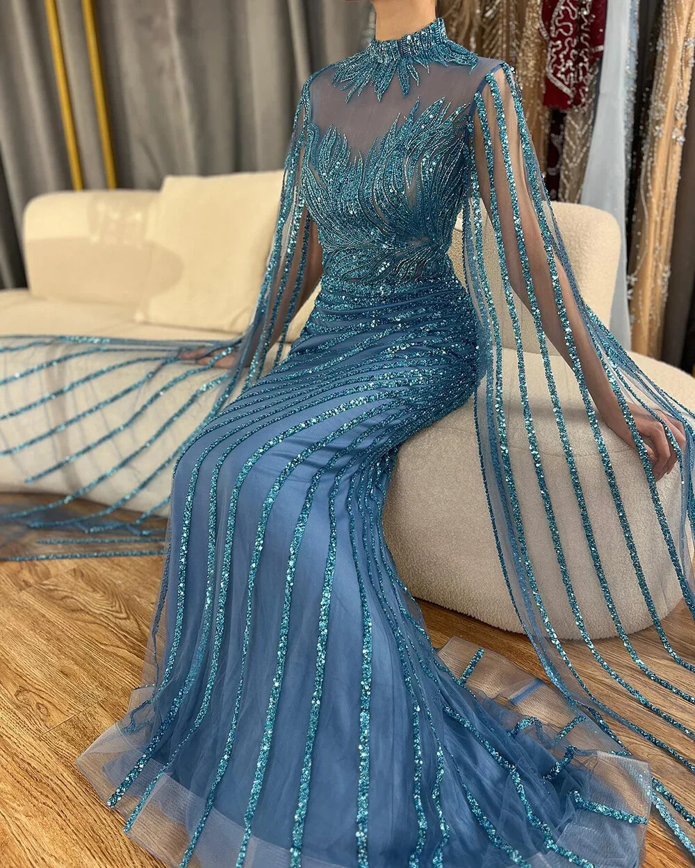 Mermaid Angular Sleeve Lace Bead Evening Dress Sweeping Train Prom Ball Gown