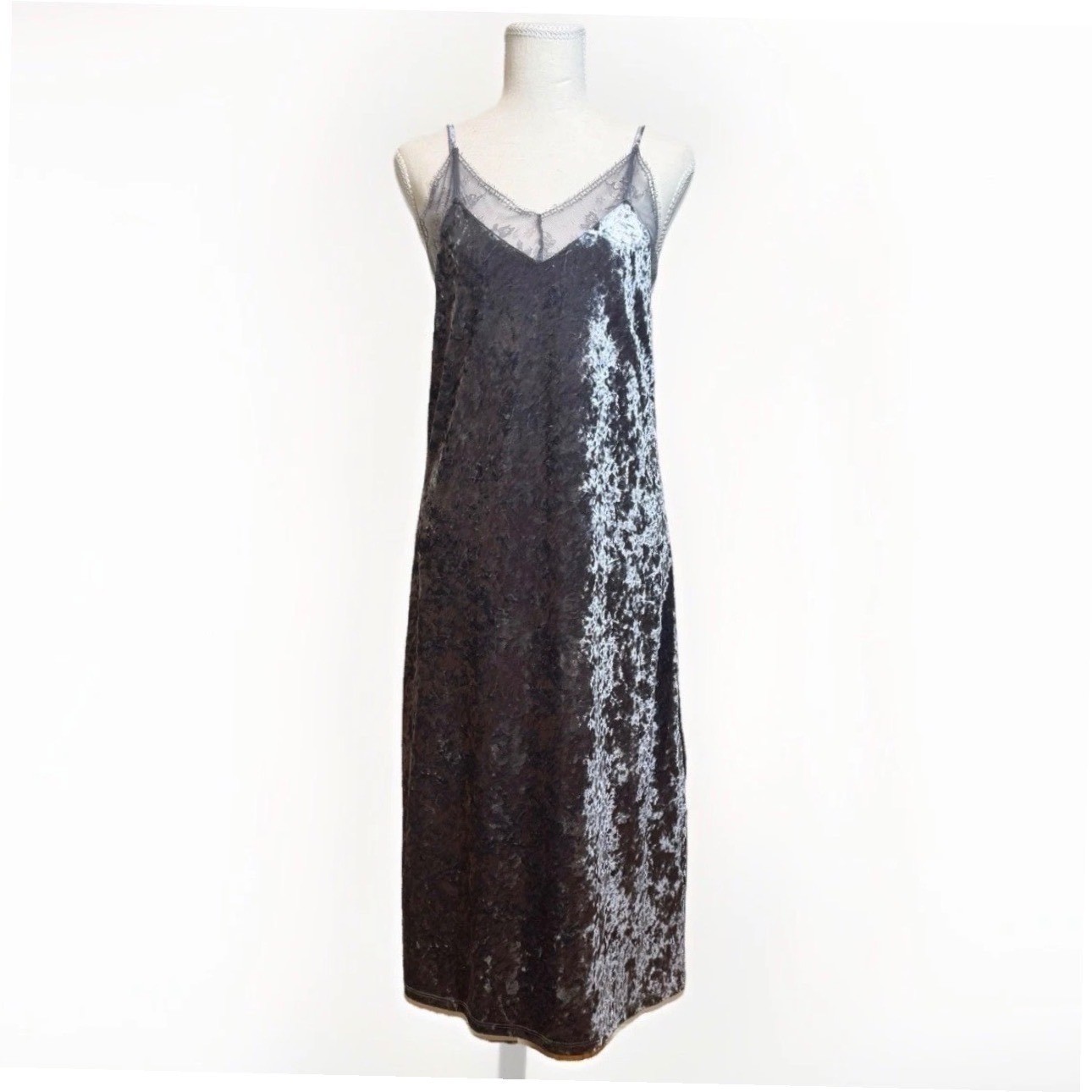 Y2K Mossimo Crushed Velvet Slip Dress M Midi Silver Lace Trim Grunge 90s Party
