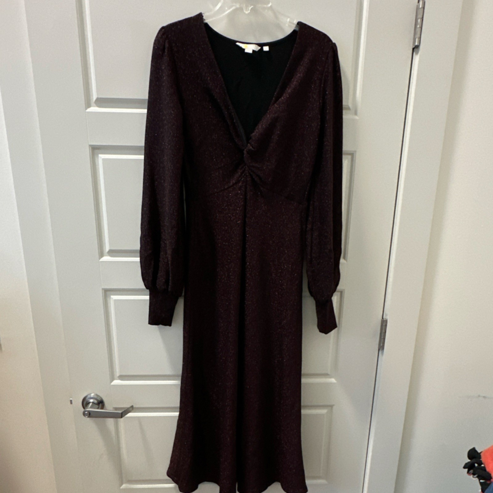 Boden Women’s US 8R Dark Purple Midi A-Line Dress Long Sleeve V-Neck Solid