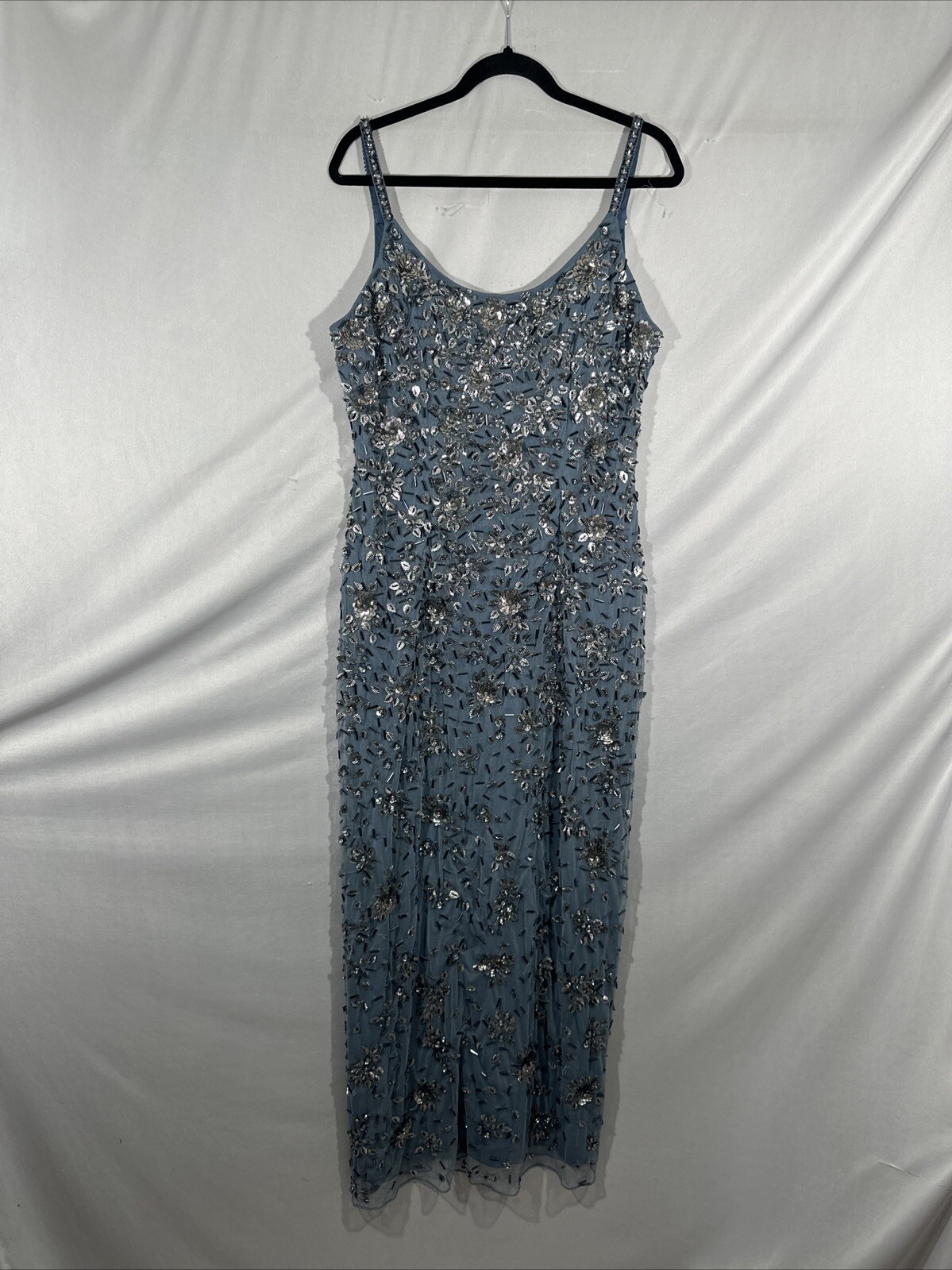 NWT Mac Duggal [ 14 ] 5477 Floral Embellished Scoop Neck Gown Slate Blue #S1657