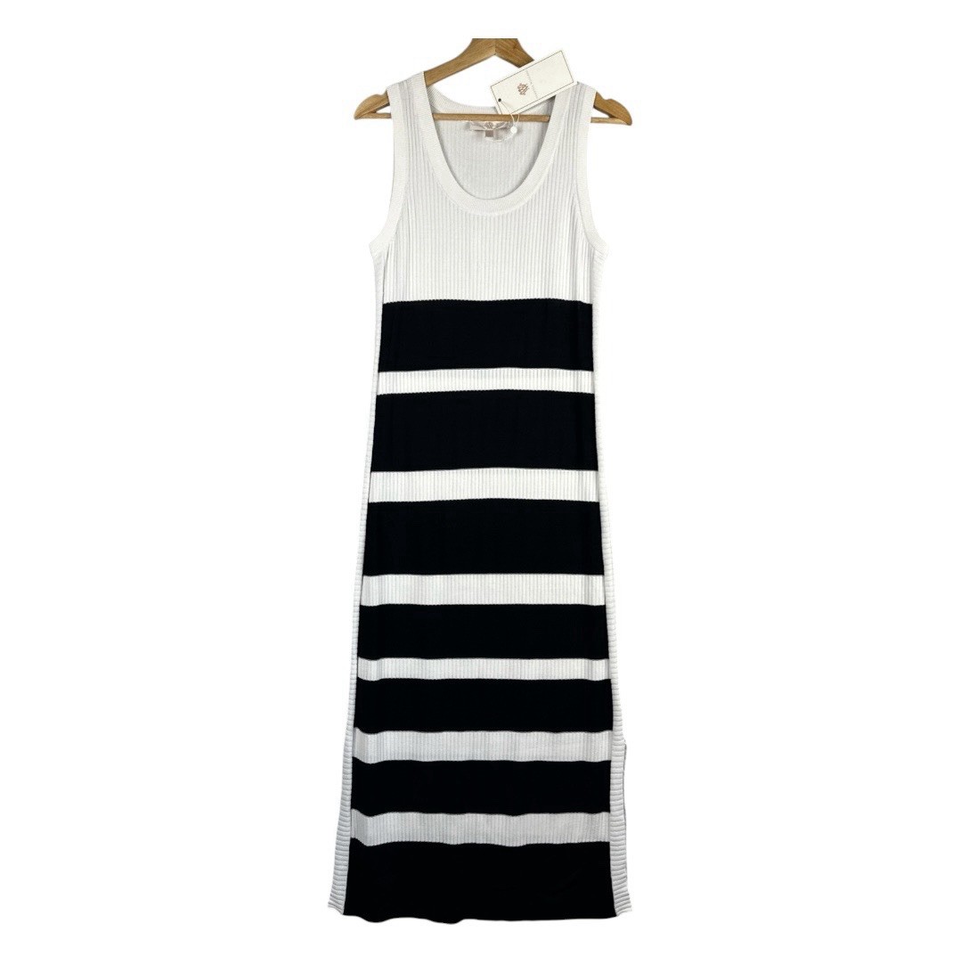 Vanessa Williams Bodycon Ribbed Maxi Tank Dress Womens Medium White Black Stripe