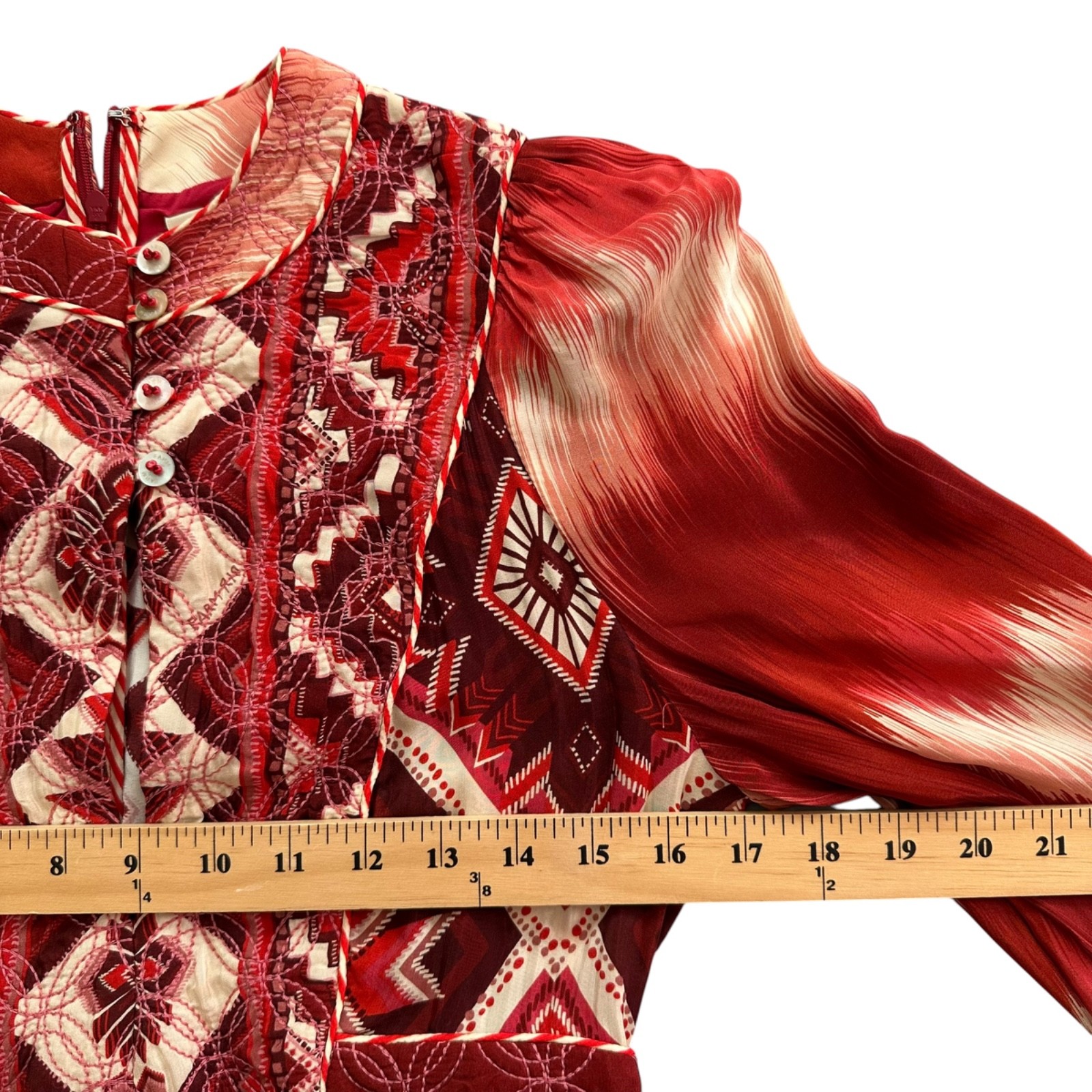 Farm Rio Ikat Boho Quilted Embroidery Puff Sleeve Mini Dress Size S Festival 70s