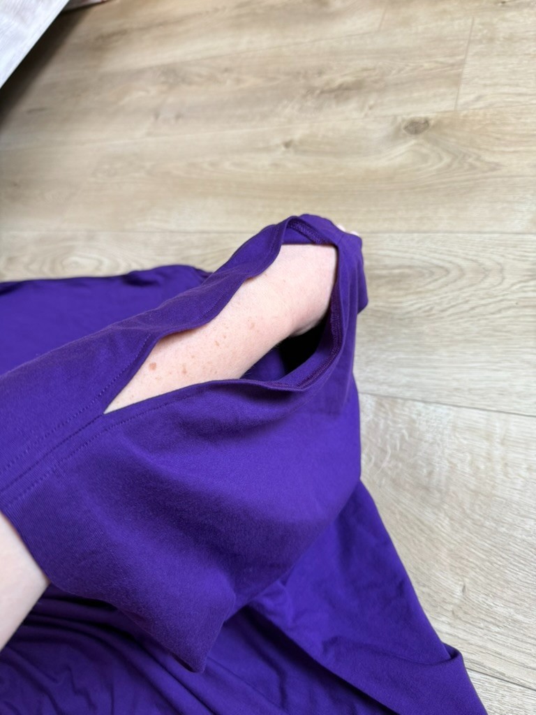 EUC Eileen Fisher cold shoulder short sleeve stretch t-shirt dress purple size L