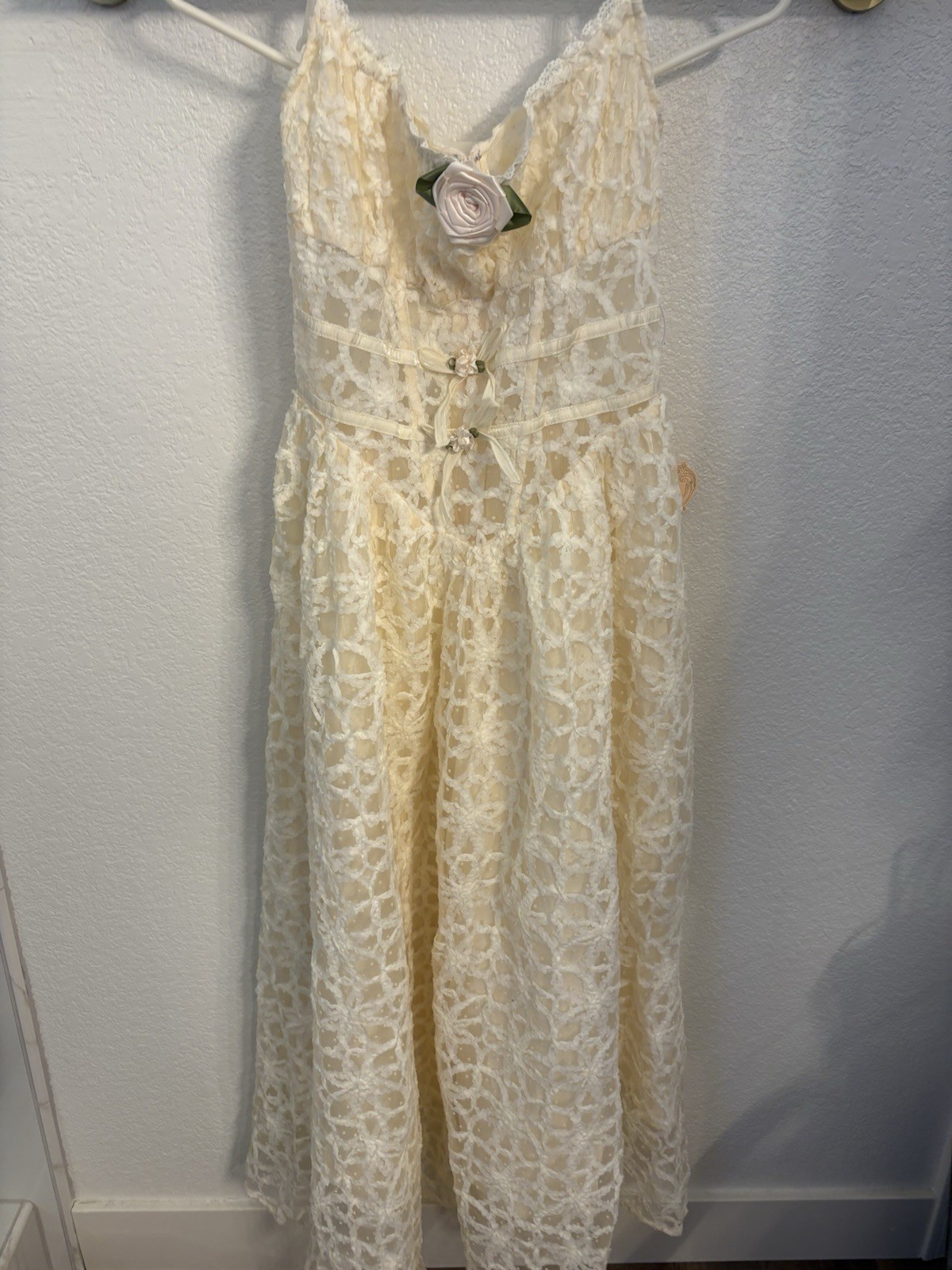 Ivory Lace Sleeveless V-Neck Maxi Long Dress Bow Accent Lined Floral One Size