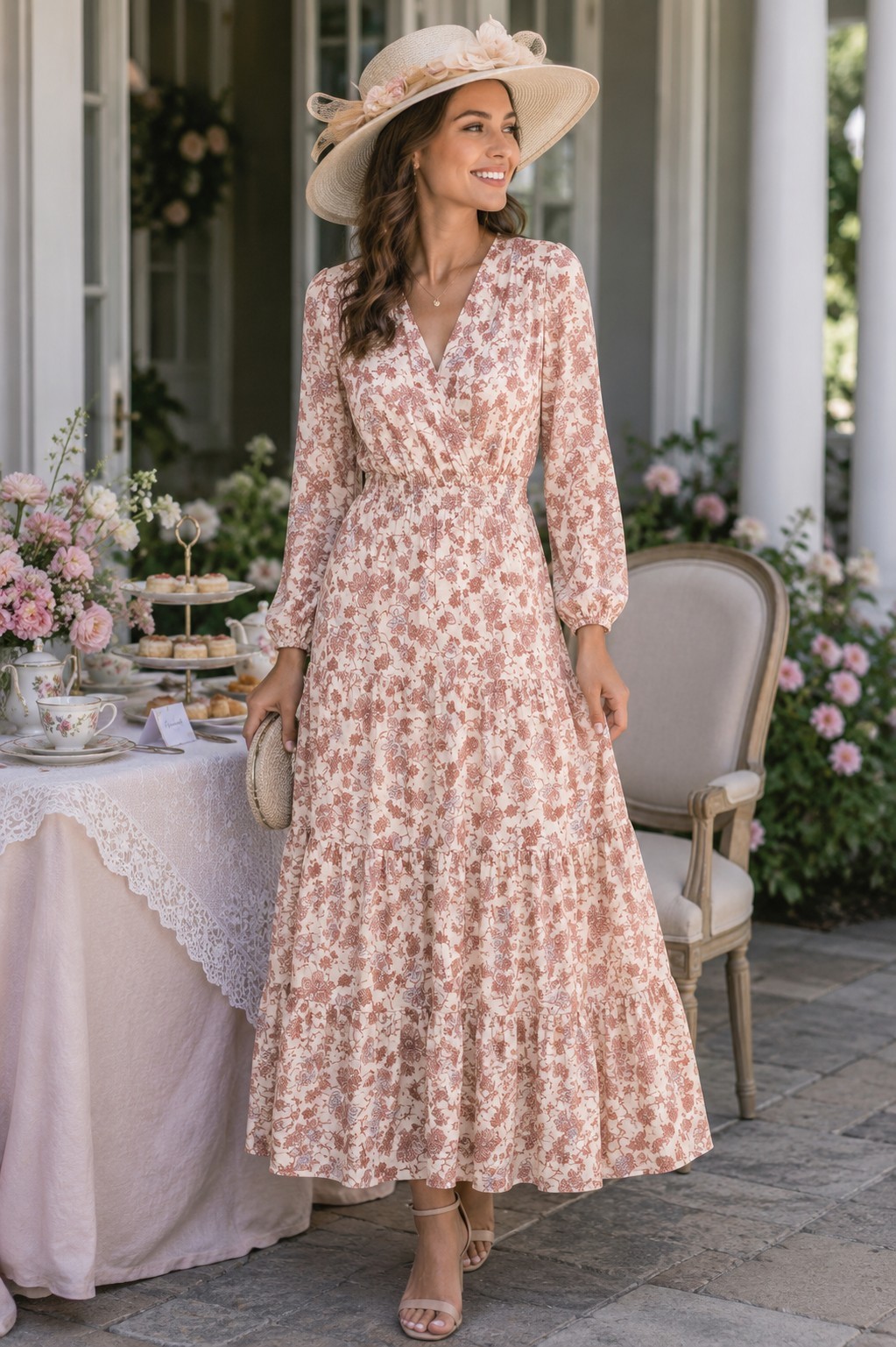 New Women’s Floral Maxi Dress Cream Pink Long Sleeve Boho Tiered XS