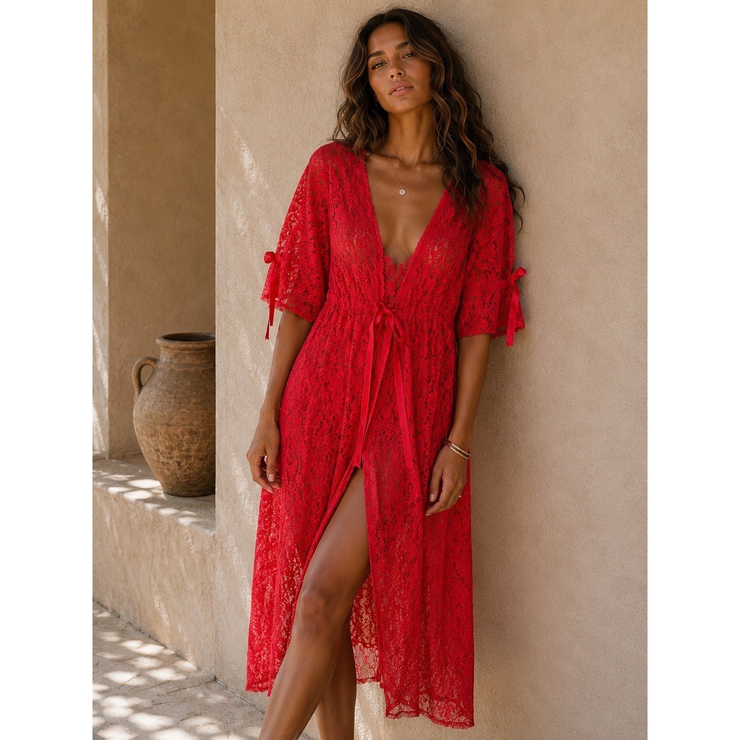 Urban Outfitters Red Lace Maxi Kimono Robe Sheer Tie Waist Bow Sleeve Dress