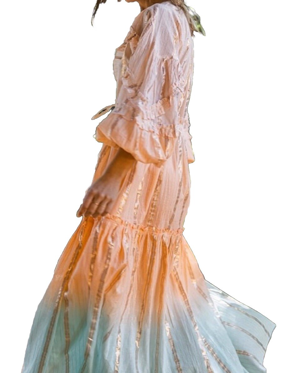 Miss June Paris Cotton Boho Chic Beachy Maxi Ombre Tie Dye Lame O/S NWT