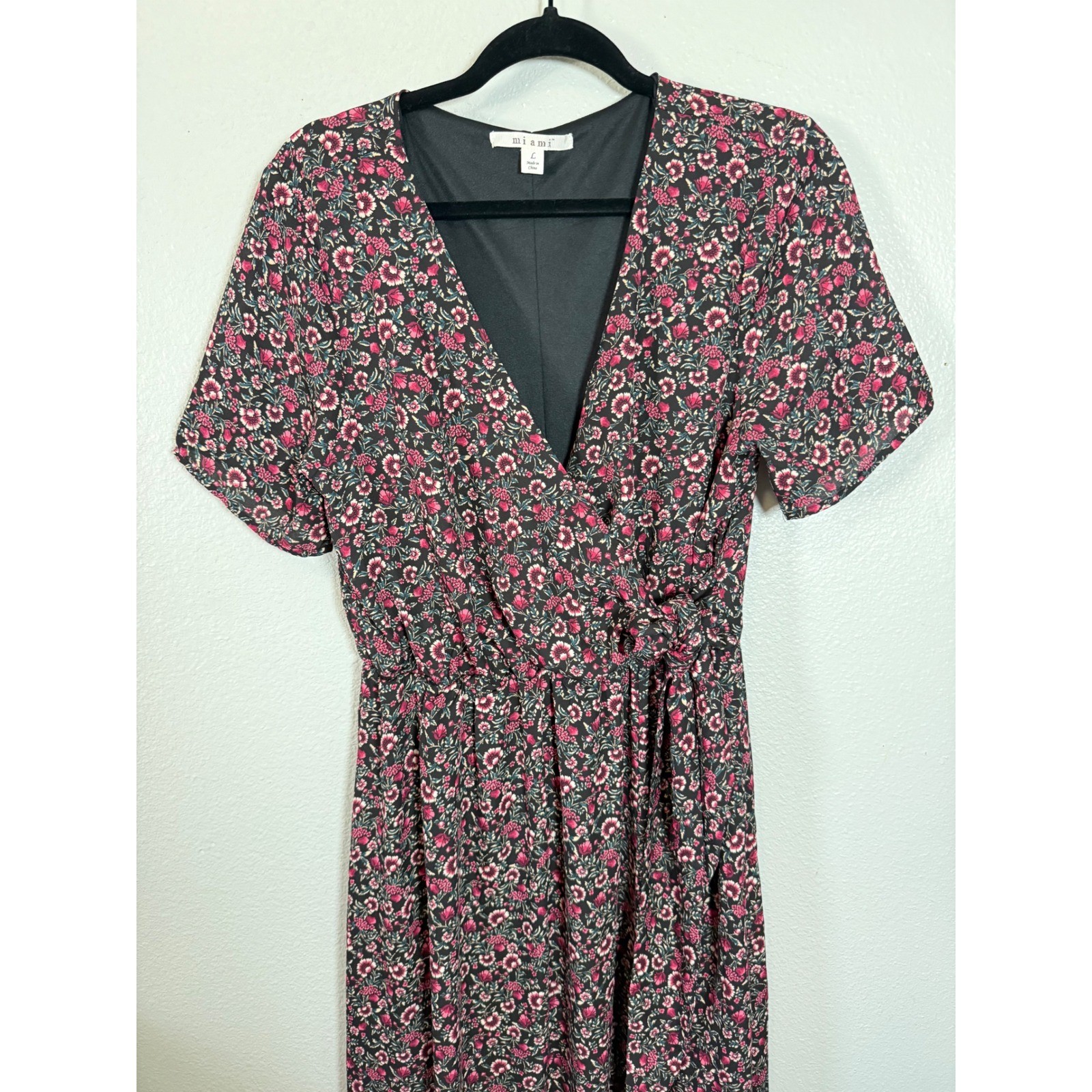 Francescas Miami Black Floral Print Faux Wrap Tie Maxi Dress Boho Peasant L