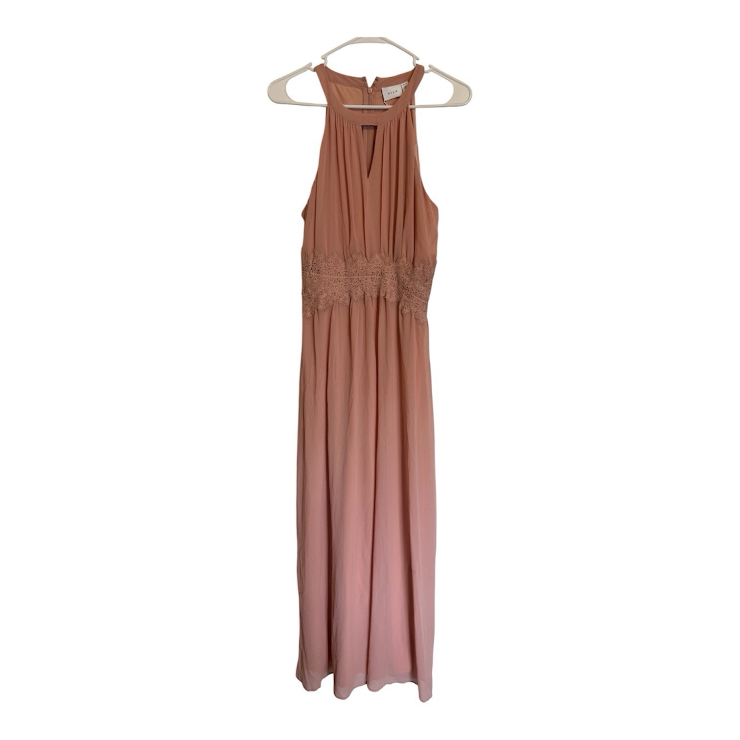 VILA Pink Halter Neck Chiffon Maxi Dress Lace Waist Zip Closure EU 40