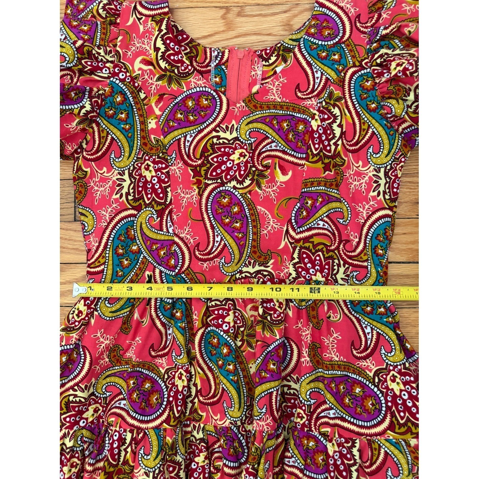 Pink Paisley Tiered Ruffle Sleeve Fit & Flare Cotton Dress Sz S: Boho, Party