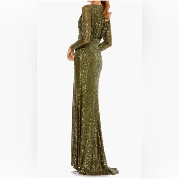 Ieena Mac Duggal Olive Green Long Sleeve Sequin Faux Wrap Side Slit Gown 10 $398