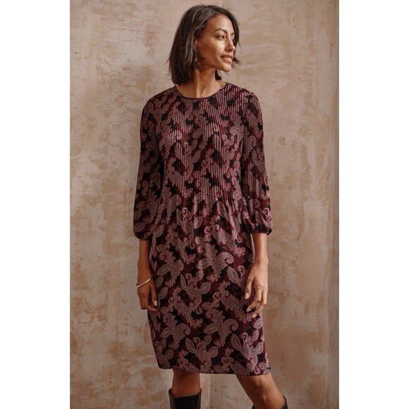 J Jill WearEver Sunburst Paisley Print Pleated Midi Dress Plum Black Size S