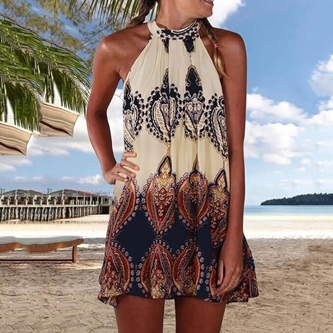 BlueTime Printed Temperament Sleeveless Hanging Neck Press Pleated Dress Beige S