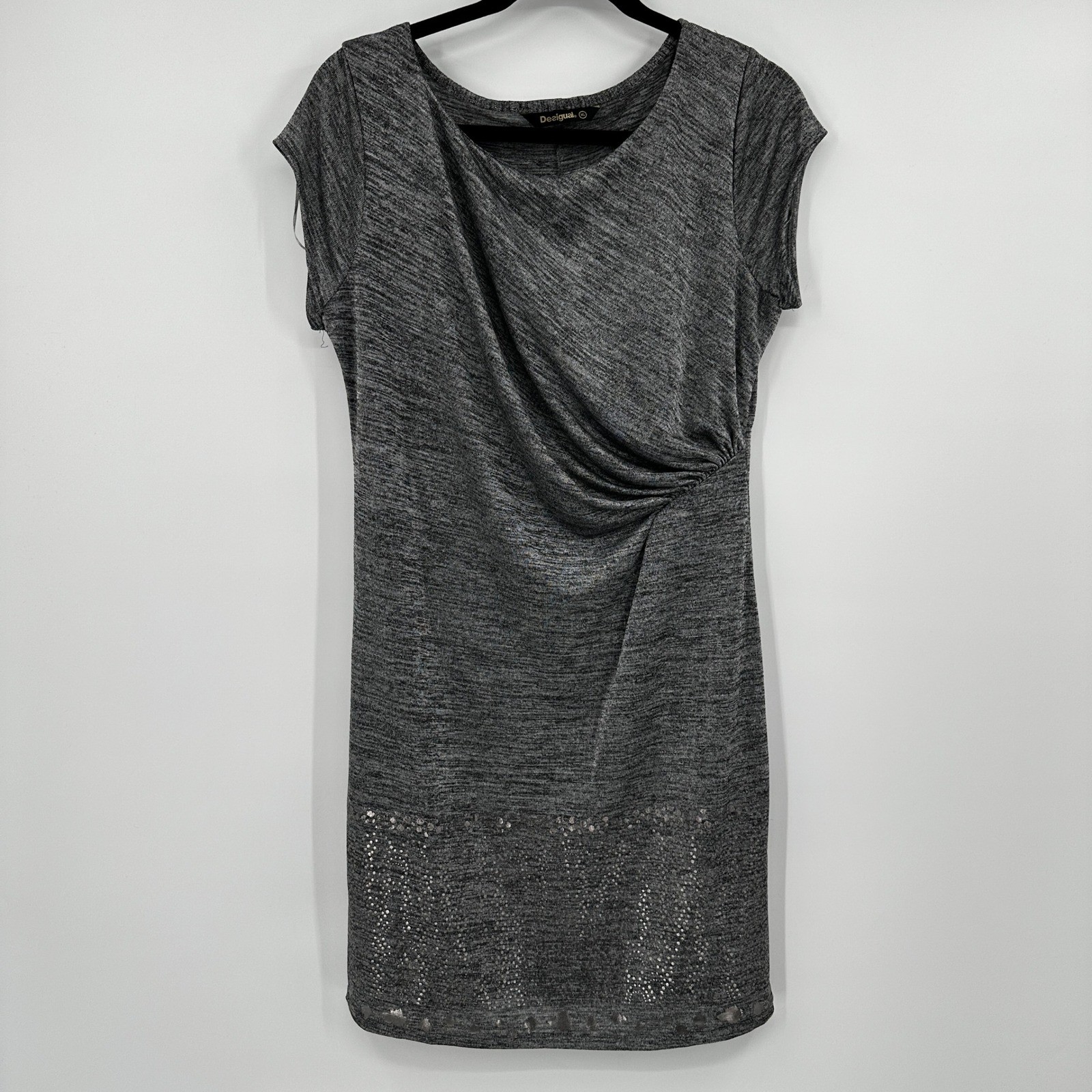 Desigual Women’s Gray Knit Twist Front Sheath Dress Embellished Hem XL