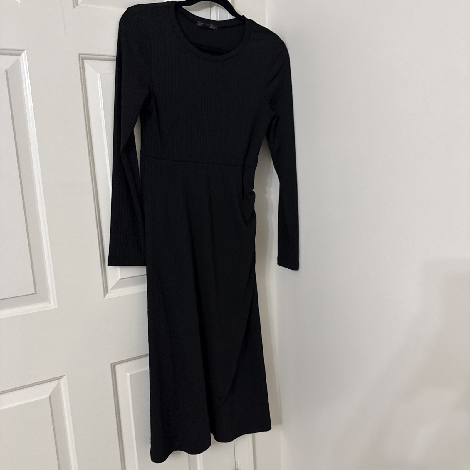 Boden Size 8L Faux Wrap 3/4 Sleeve Black Jersey Dress Gathered Drape V-Neck