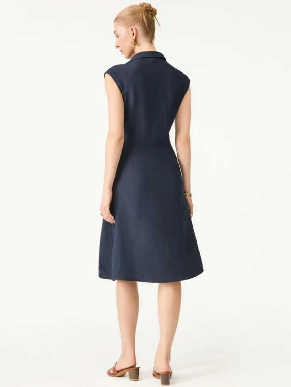 OGL Viscose-Linen Collared V-neck Midi Dress with Drawstring Pick Color/Size NWT