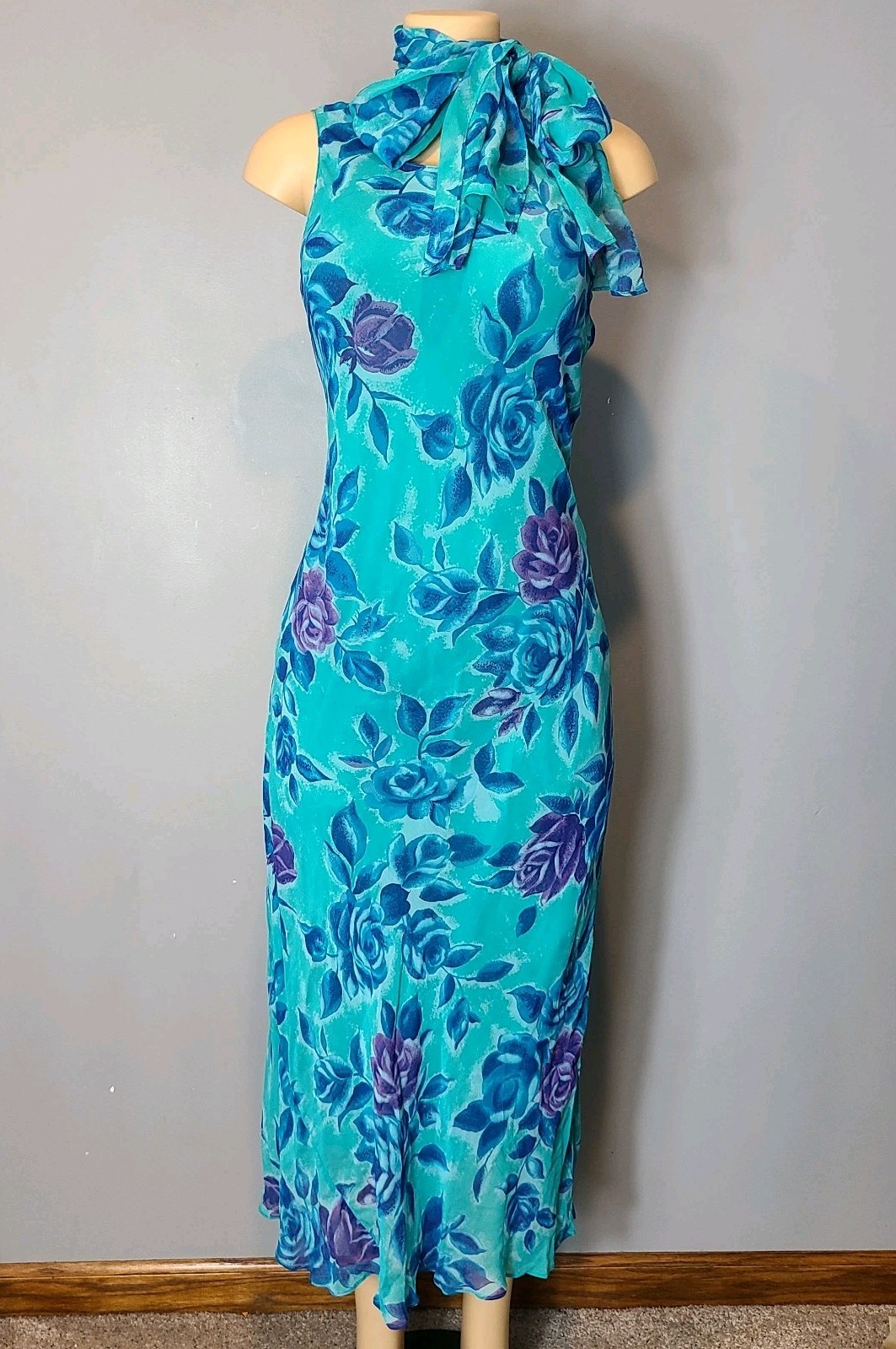 VTG Y2K Dreamy Floral Maxi Dress Sz 12 Cottage Romantic 90s Blue Rose Wedding