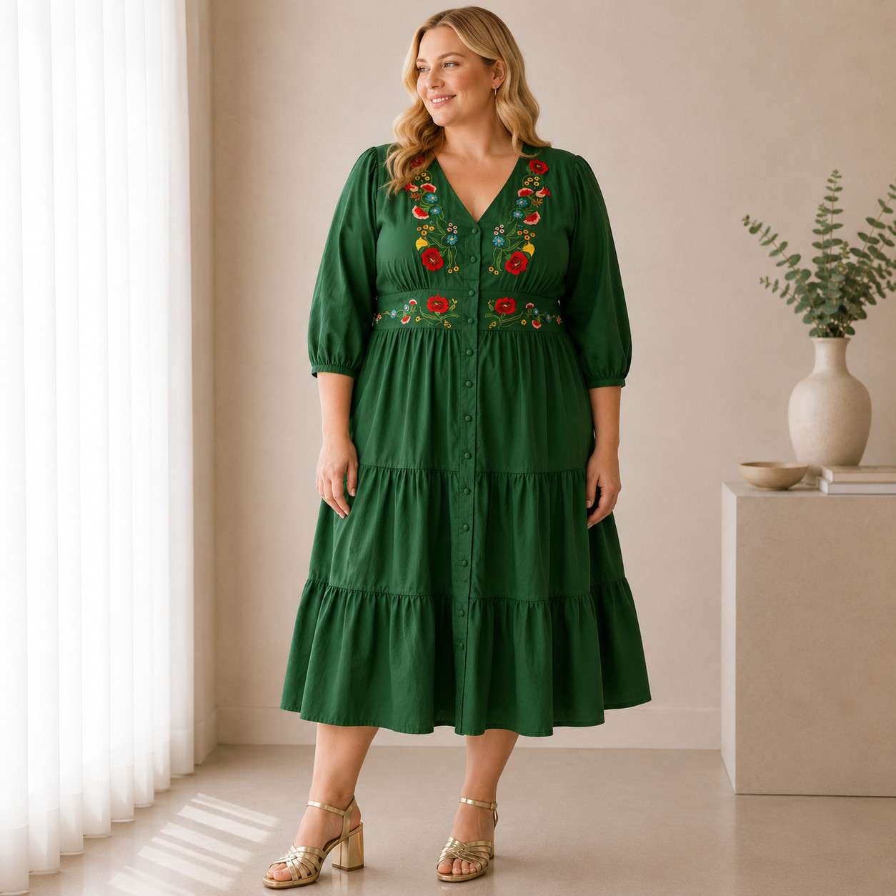 Joanie Dress Size UK 20 Catalina Green Embroidered Midi Folk Boho Garden Party
