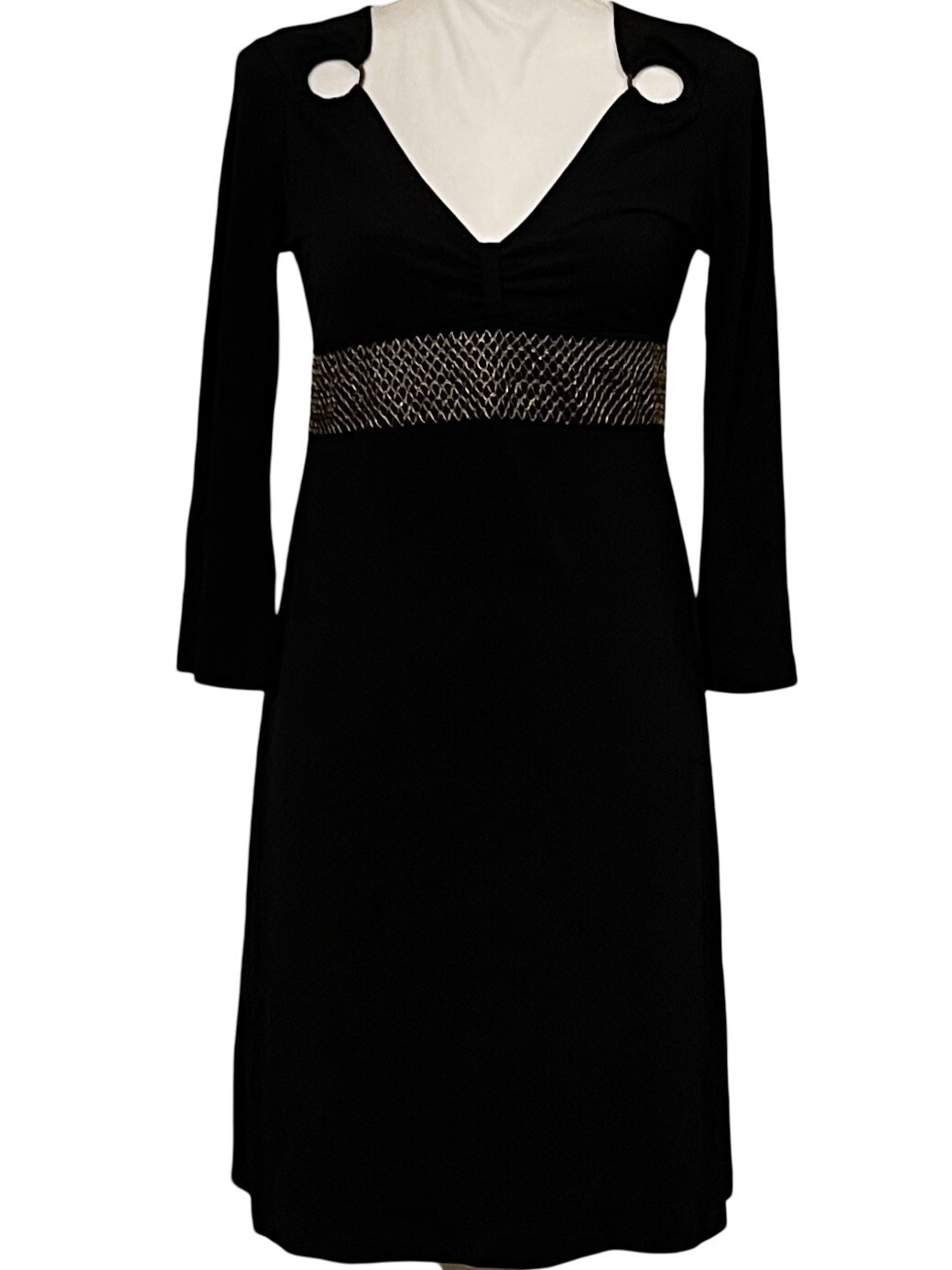 VERTIGO PARIS Black Dress Gold Mesh Empire Waist Shoulder Rings Women’s Size M