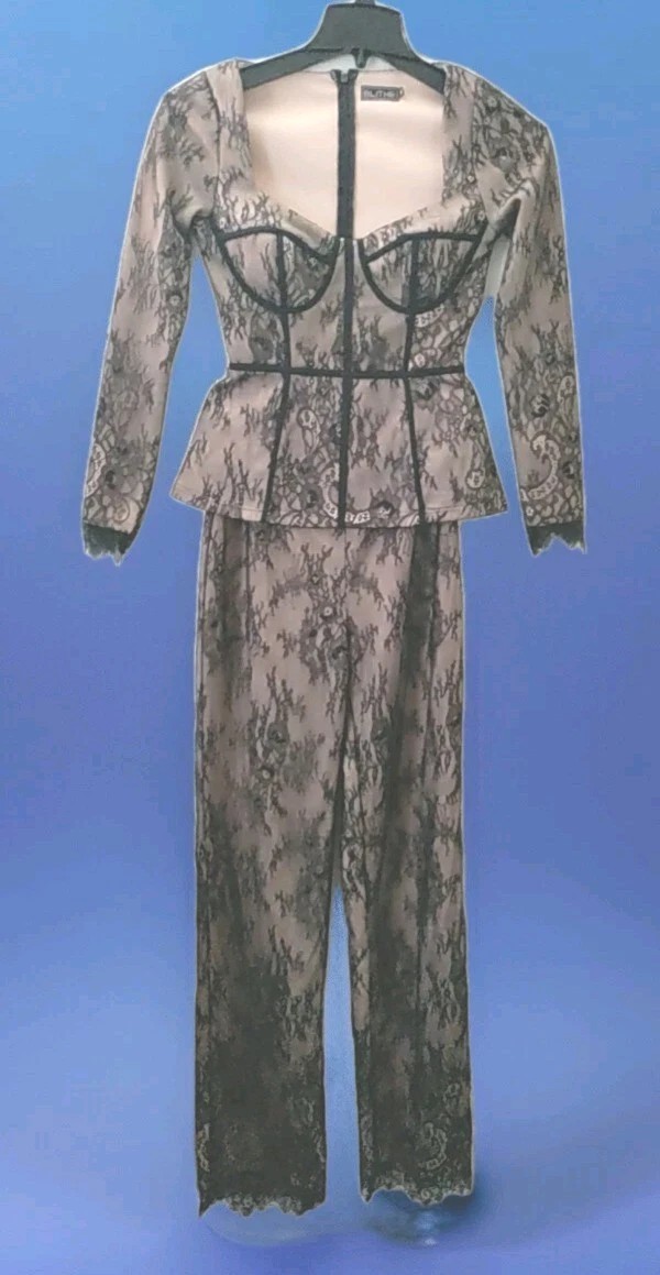 BLITHE LA Elegant Party Black Lace W. Tan Lining Pants Suit Woman’s Sz Small