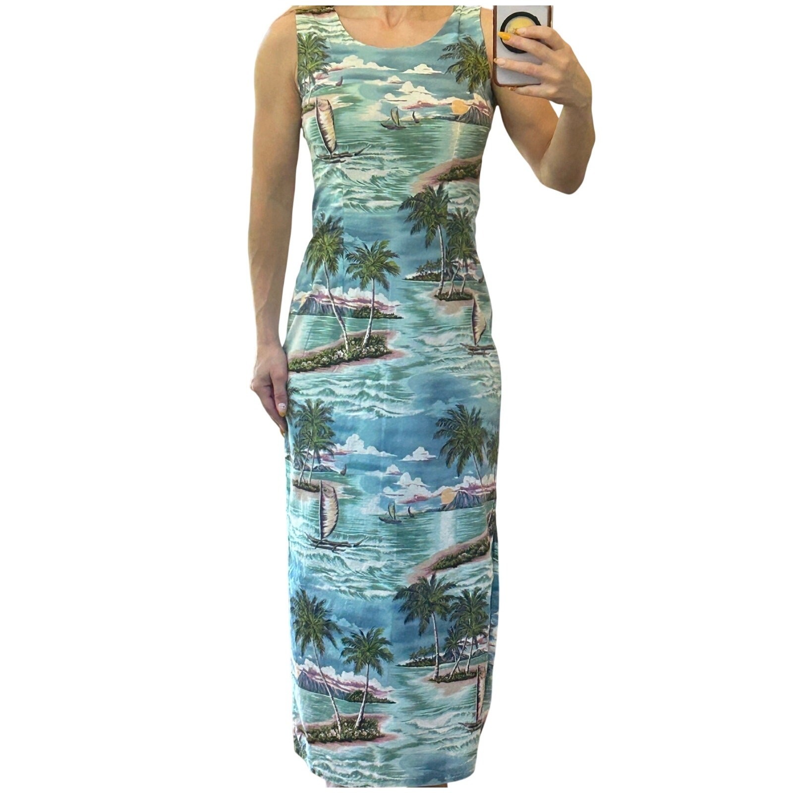 Vintage Y2K Hawaiian Print Column Dress High Slit Tropical Landscape Maxi S
