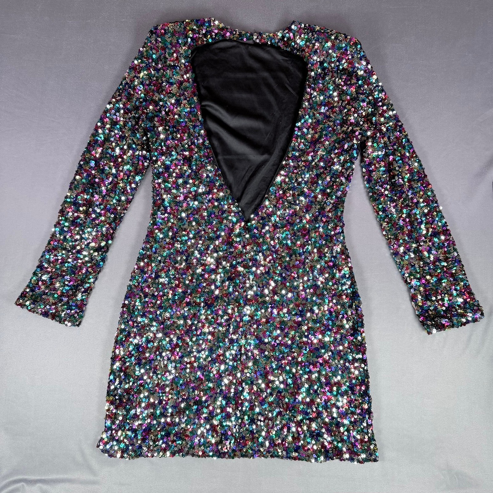 FORE Sequin Mini Dress Womens L Multicolor Open Back Long Sleeve Party Cocktail